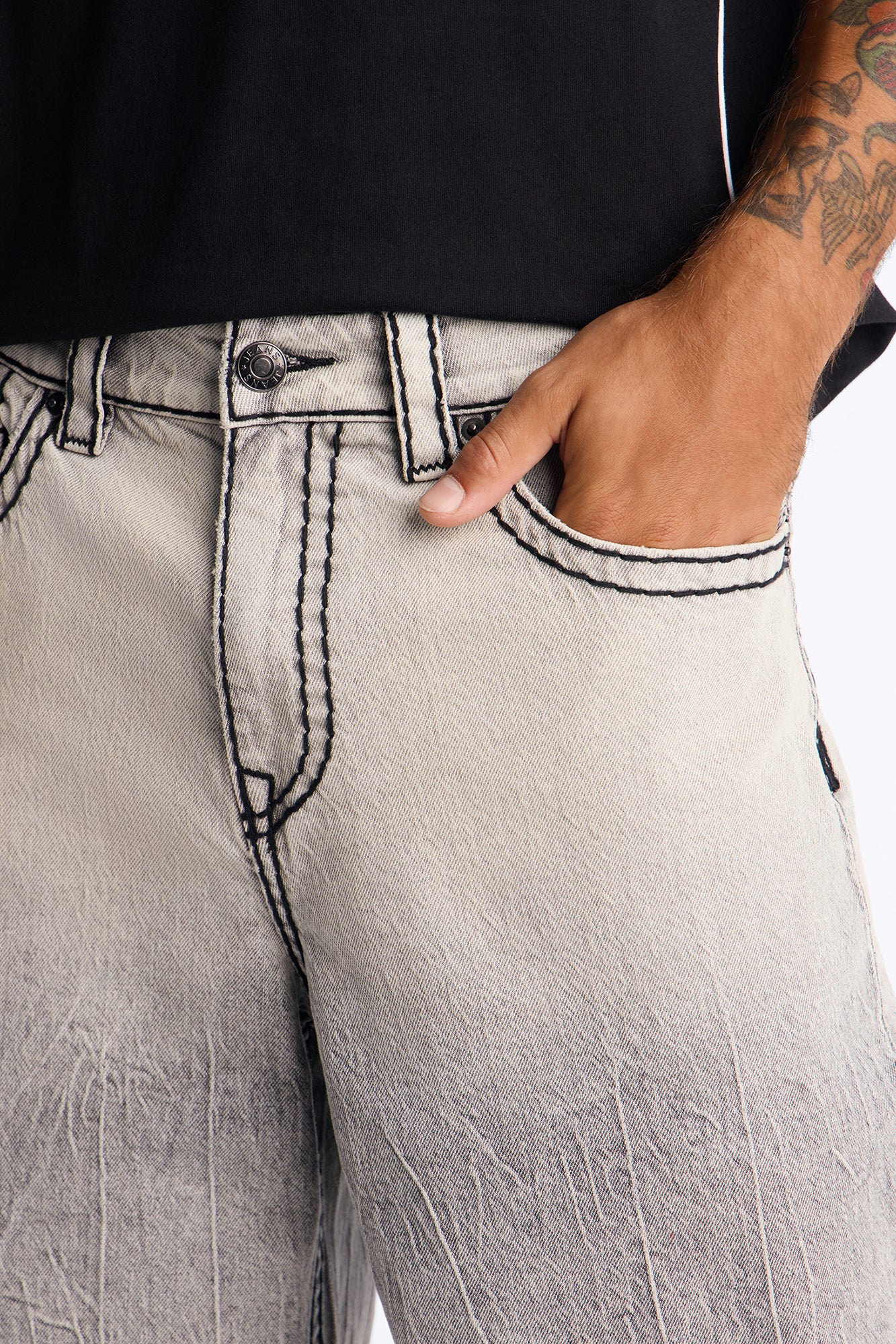 Heavy Stitch Sun Faded Baggy Denim Short - Grey - Image 3