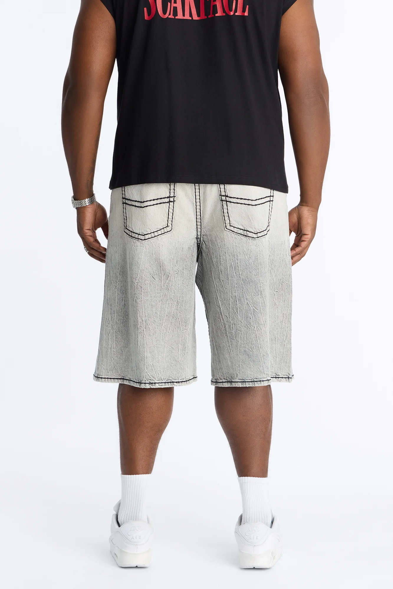 Heavy Stitch Sun Faded Baggy Denim Short - Grey - Image 8