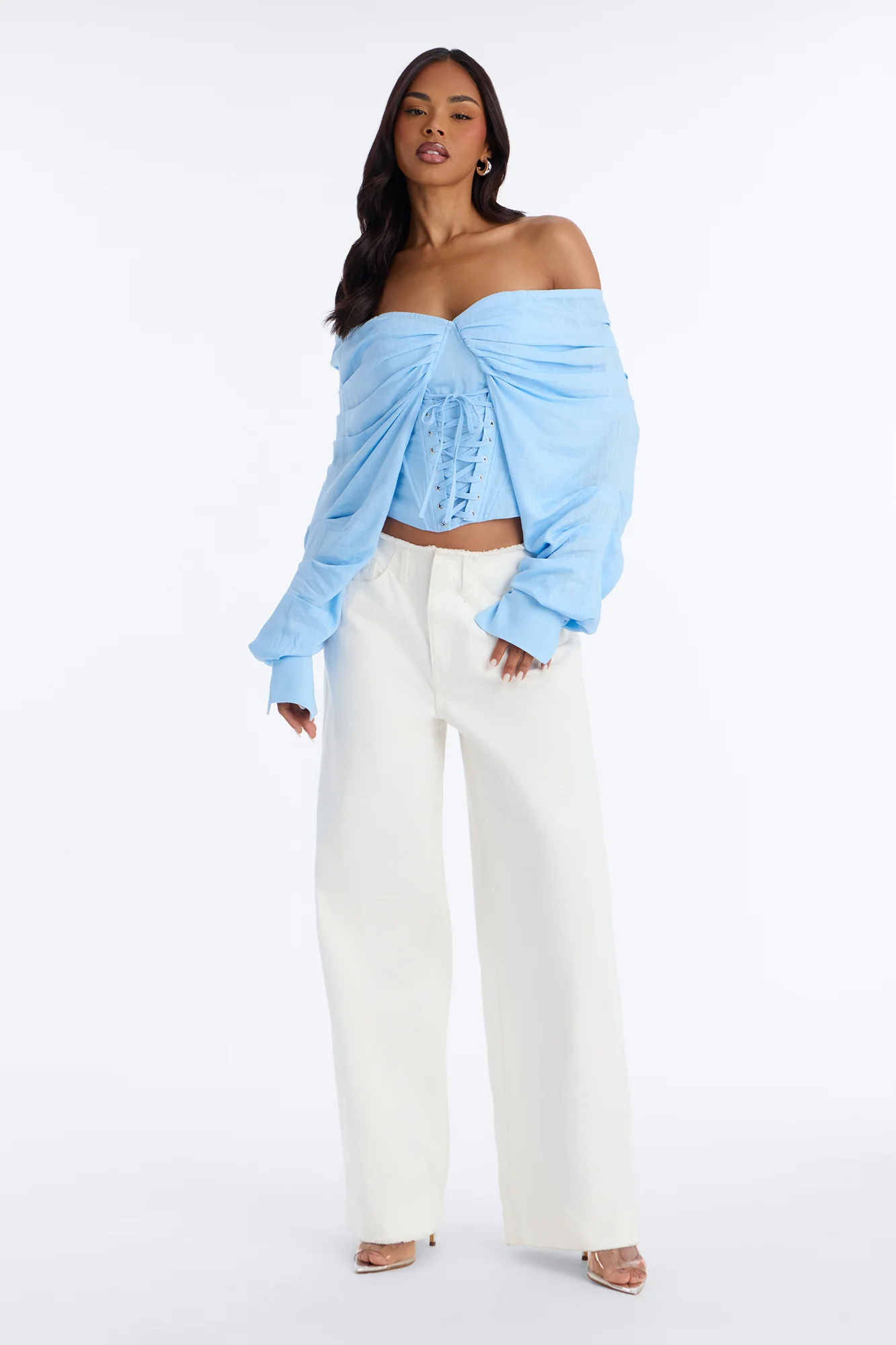 Her Era Off Shoulder Lace Up Linen Corset - Blue - Image 2