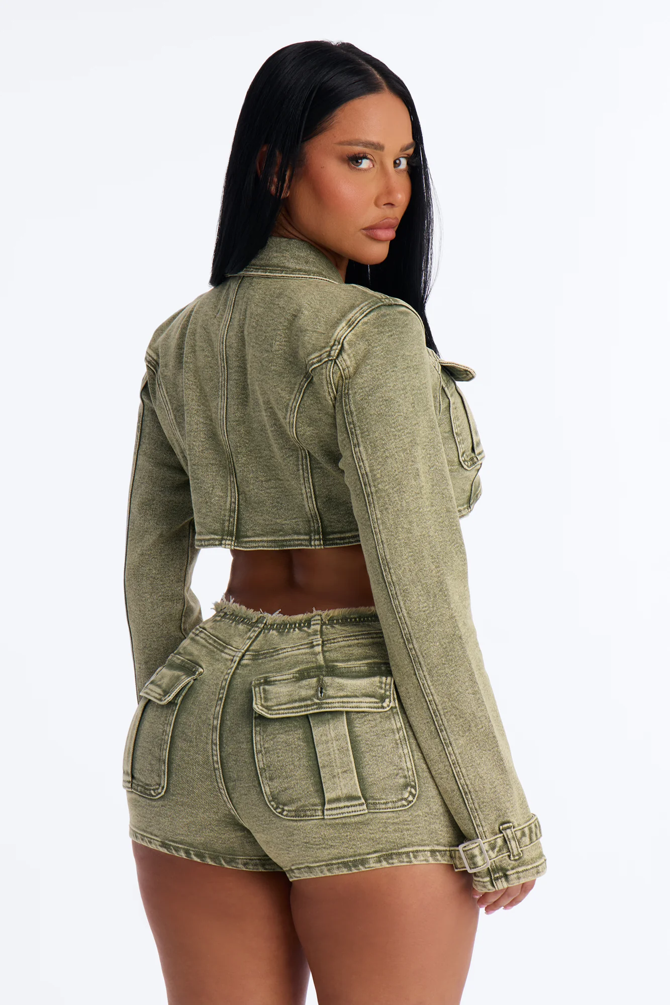 Highly Motivated Stretch Denim Bolero Jacket - Olive - Image 3