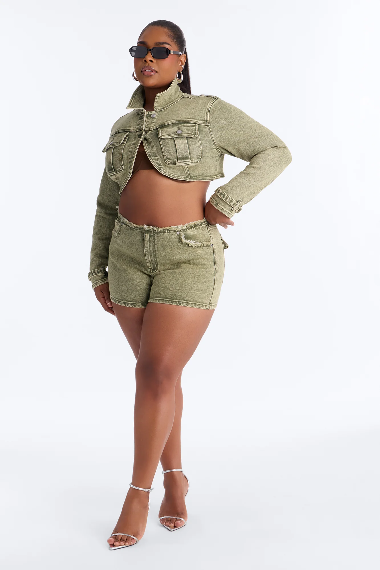 Highly Motivated Stretch Denim Bolero Jacket - Olive - Image 4