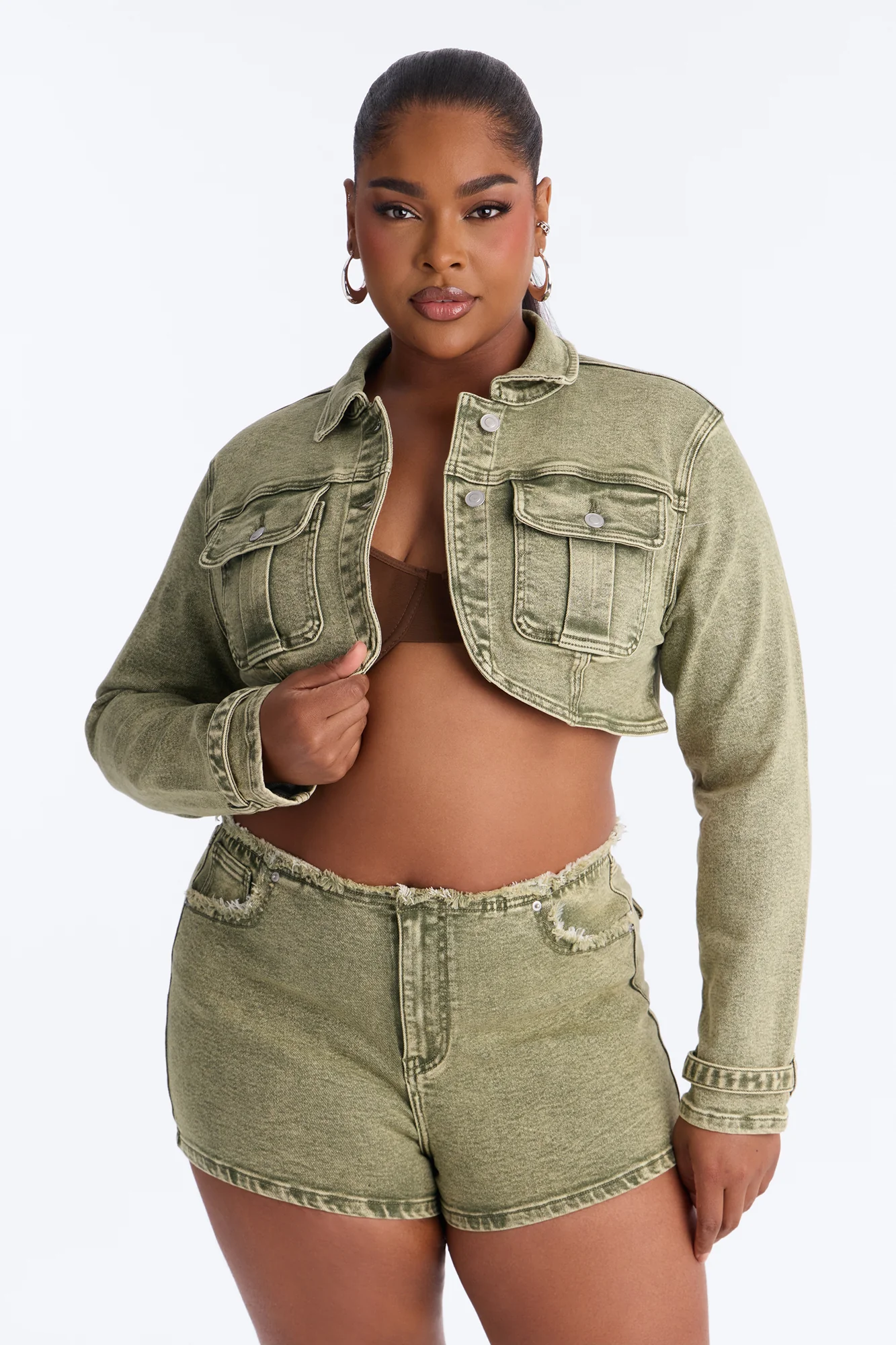 Highly Motivated Stretch Denim Bolero Jacket - Olive - Image 5