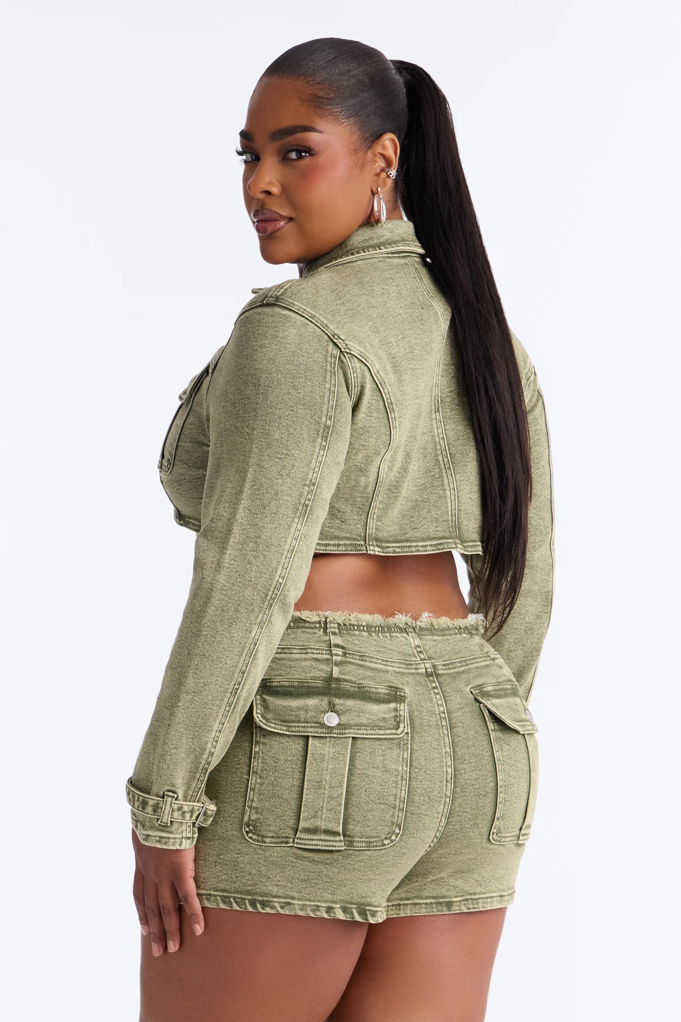 Highly Motivated Stretch Denim Bolero Jacket - Olive - Image 7