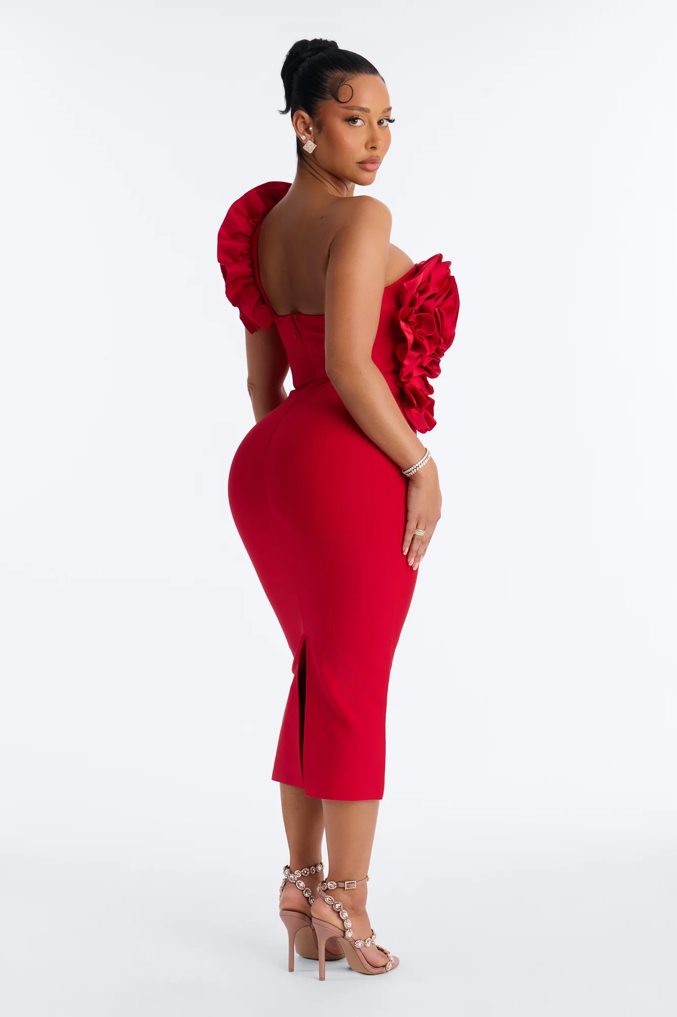 Hold Me Closer Ruffle Bandage Midi Dress - Red - Image 4