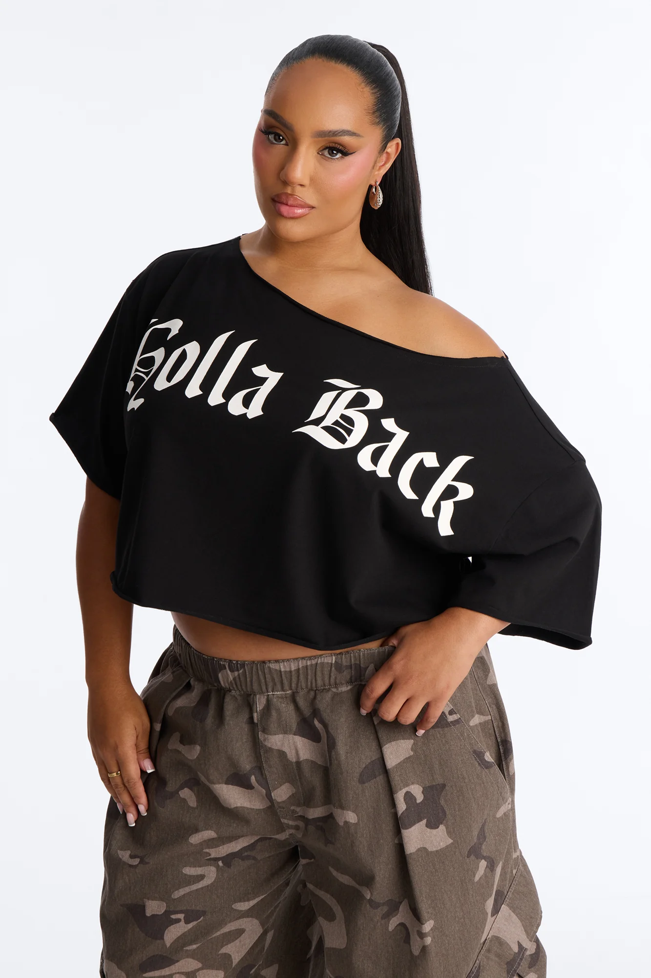 Holla Back Off Shoulder Crop Top - Black - Image 5