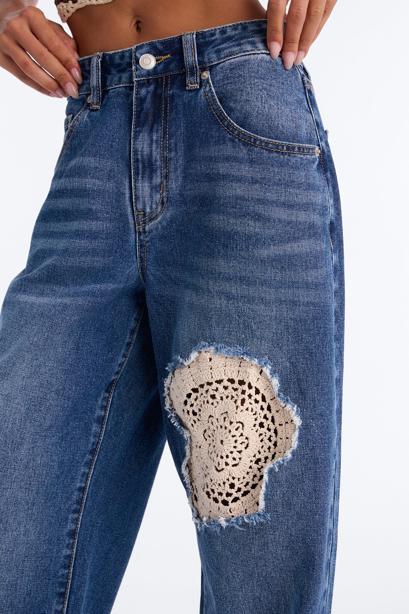 Home Body Crochet Applique Straight Leg Jeans - Dark Wash - Image 3