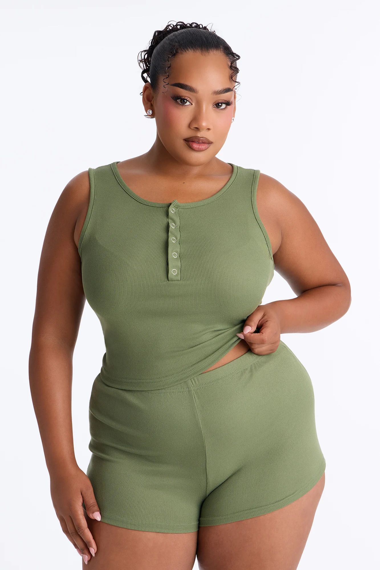 Homebody Ribbed V-Neck PJ Short Set - Green - Image 4
