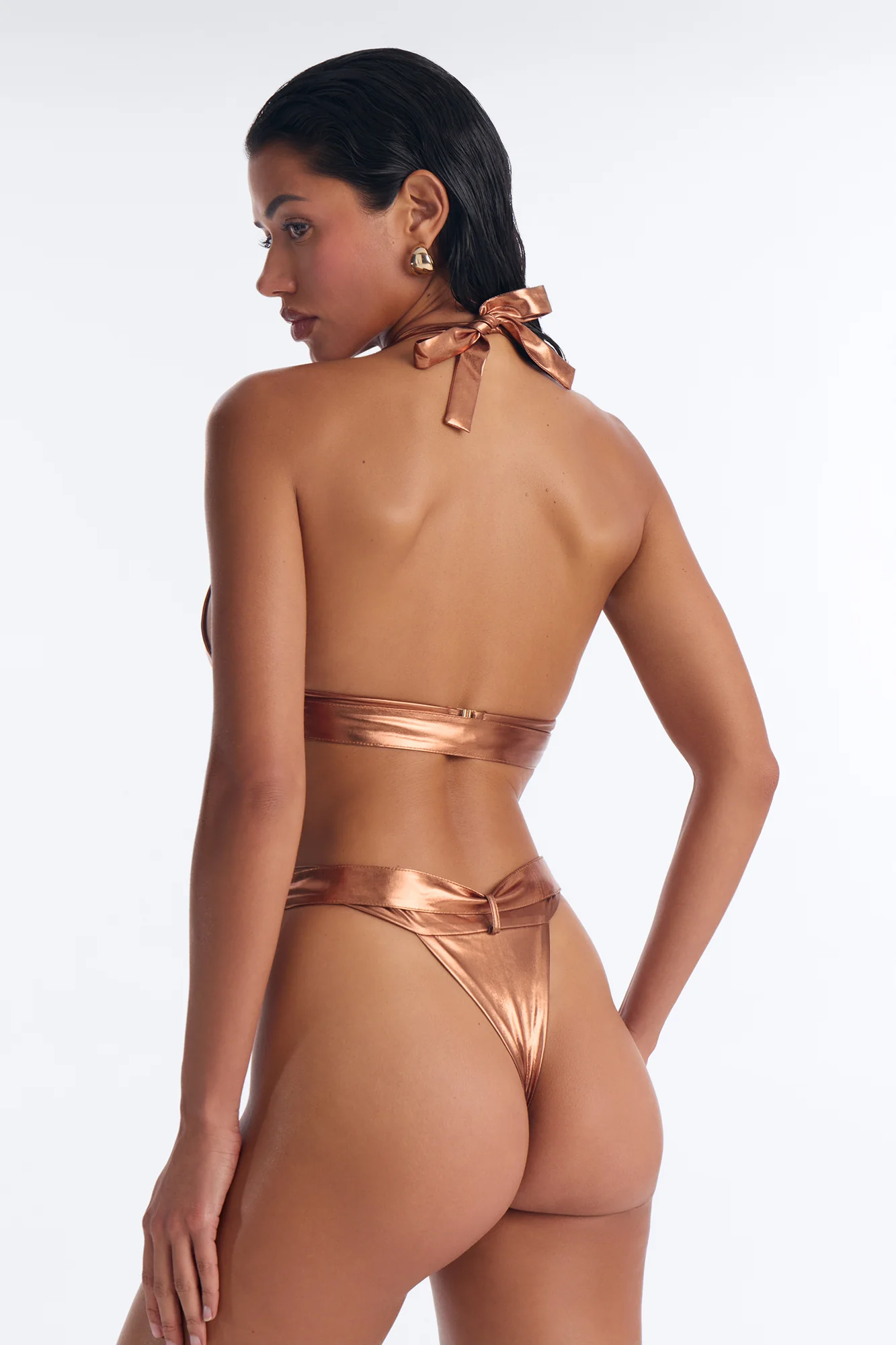 Honey Love Metallic 2 Piece Belted Bralette Bikini & High Waisted Bottom Set - Bronze - Image 3
