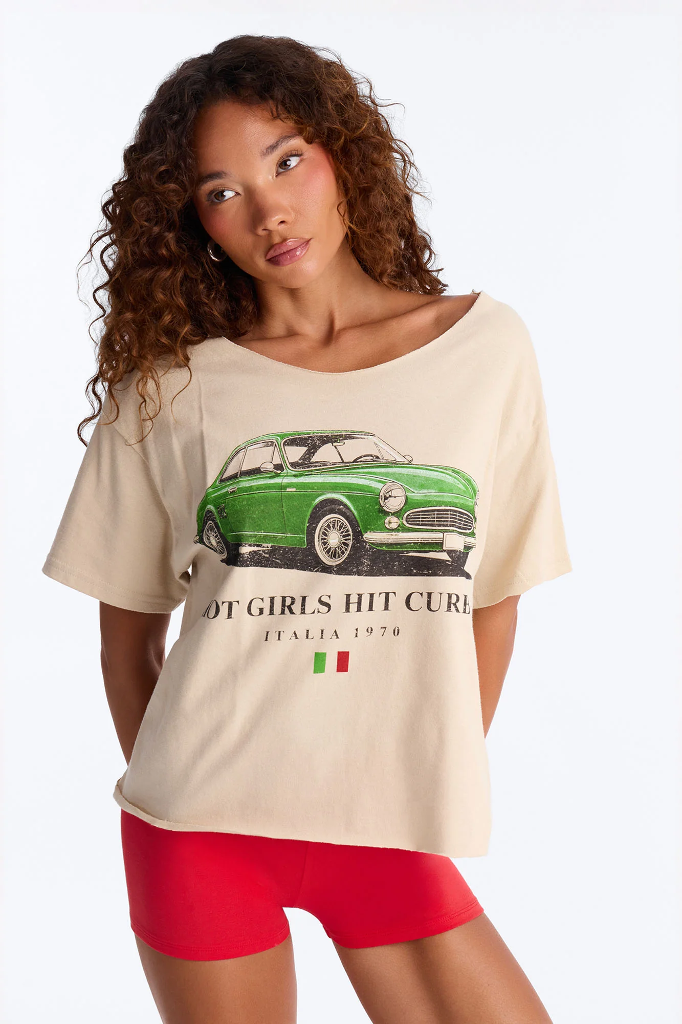 Hot Girls Hit Curbs Off Shoulder Tee - Taupe