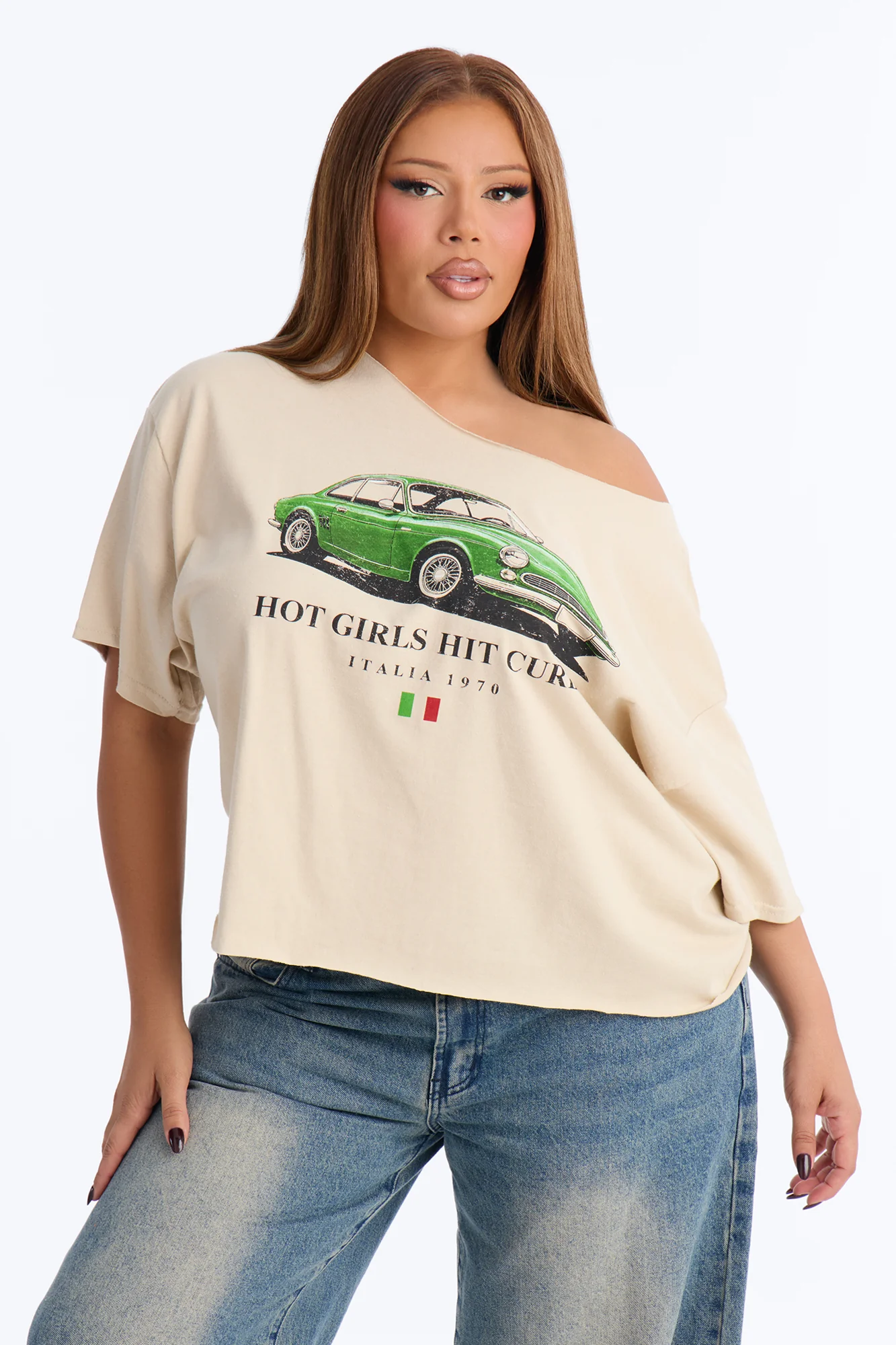 Hot Girls Hit Curbs Off Shoulder Tee - Taupe - Image 5