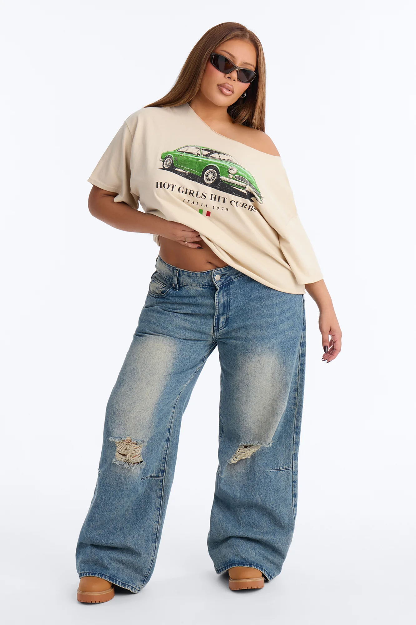 Hot Girls Hit Curbs Off Shoulder Tee - Taupe - Image 6