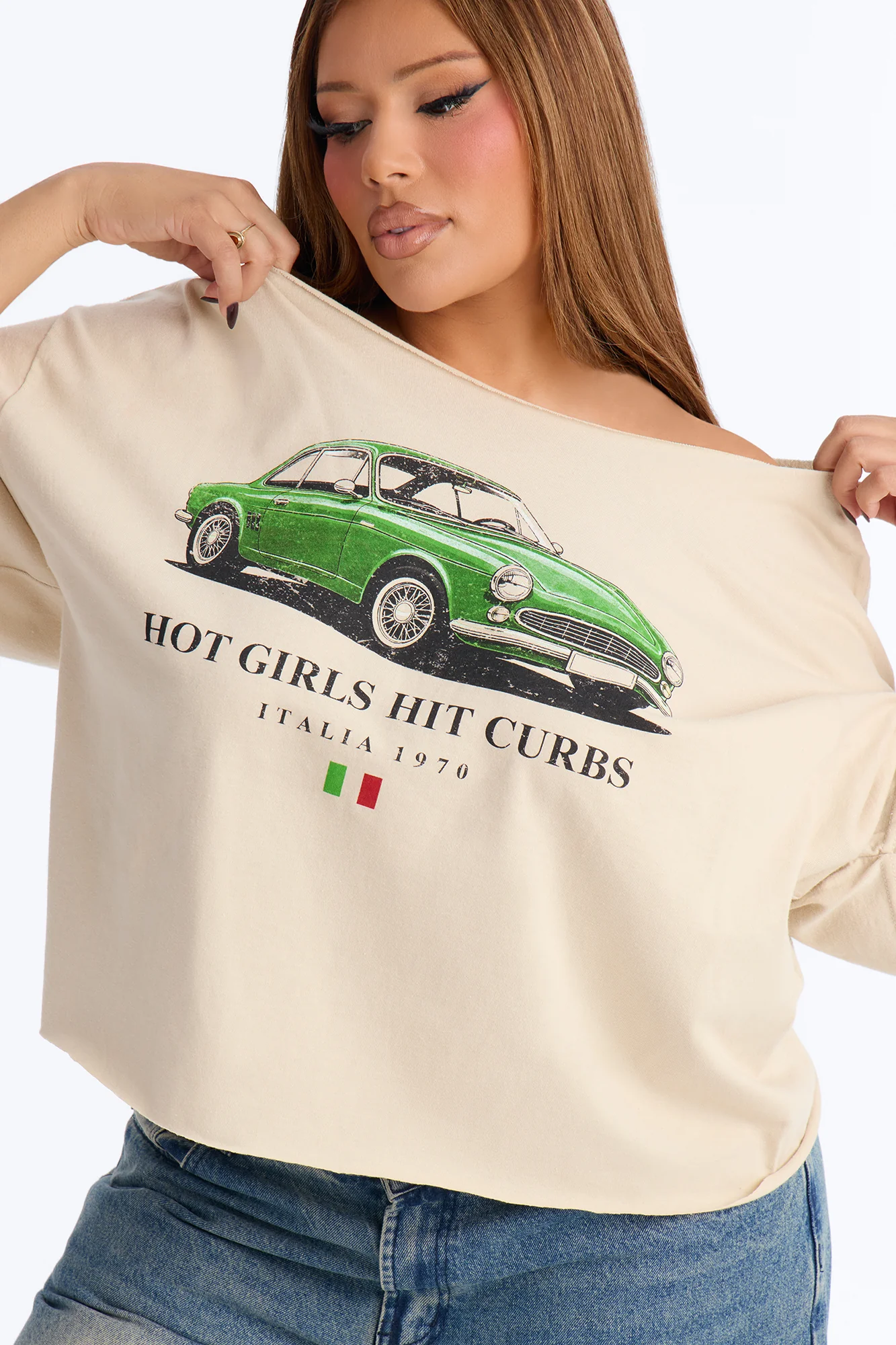 Hot Girls Hit Curbs Off Shoulder Tee - Taupe - Image 7