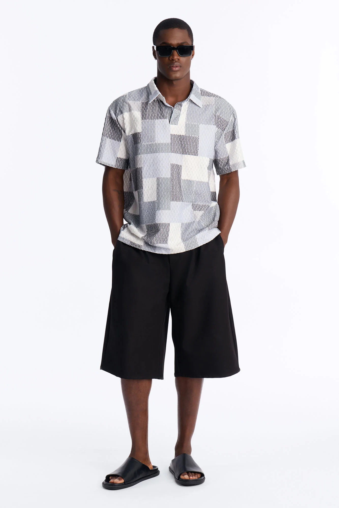 Blueprint Patchwork Johnny Collar Polo - Grey/combo - Image 2