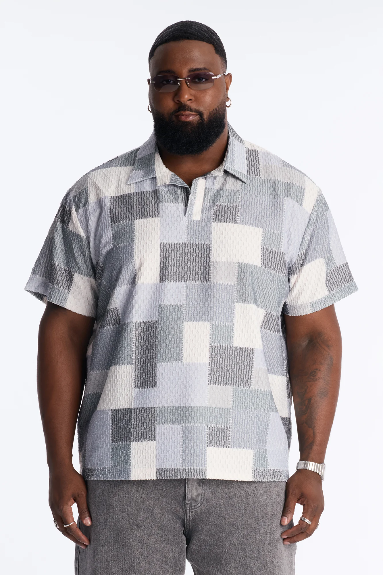Blueprint Patchwork Johnny Collar Polo - Grey/combo - Image 5