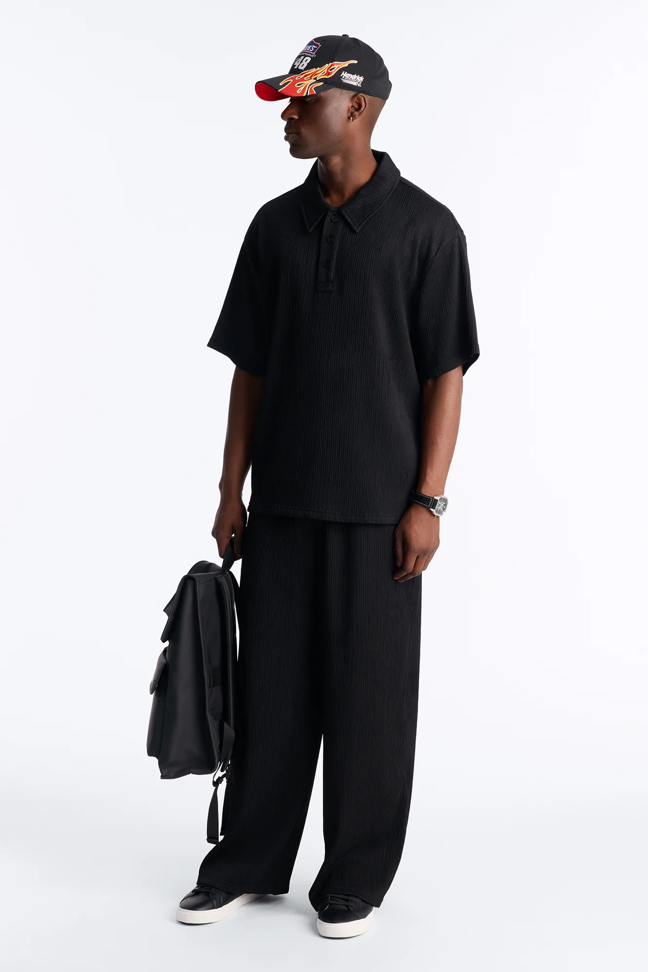 Pure Form Plisse Polo - Black - Image 2