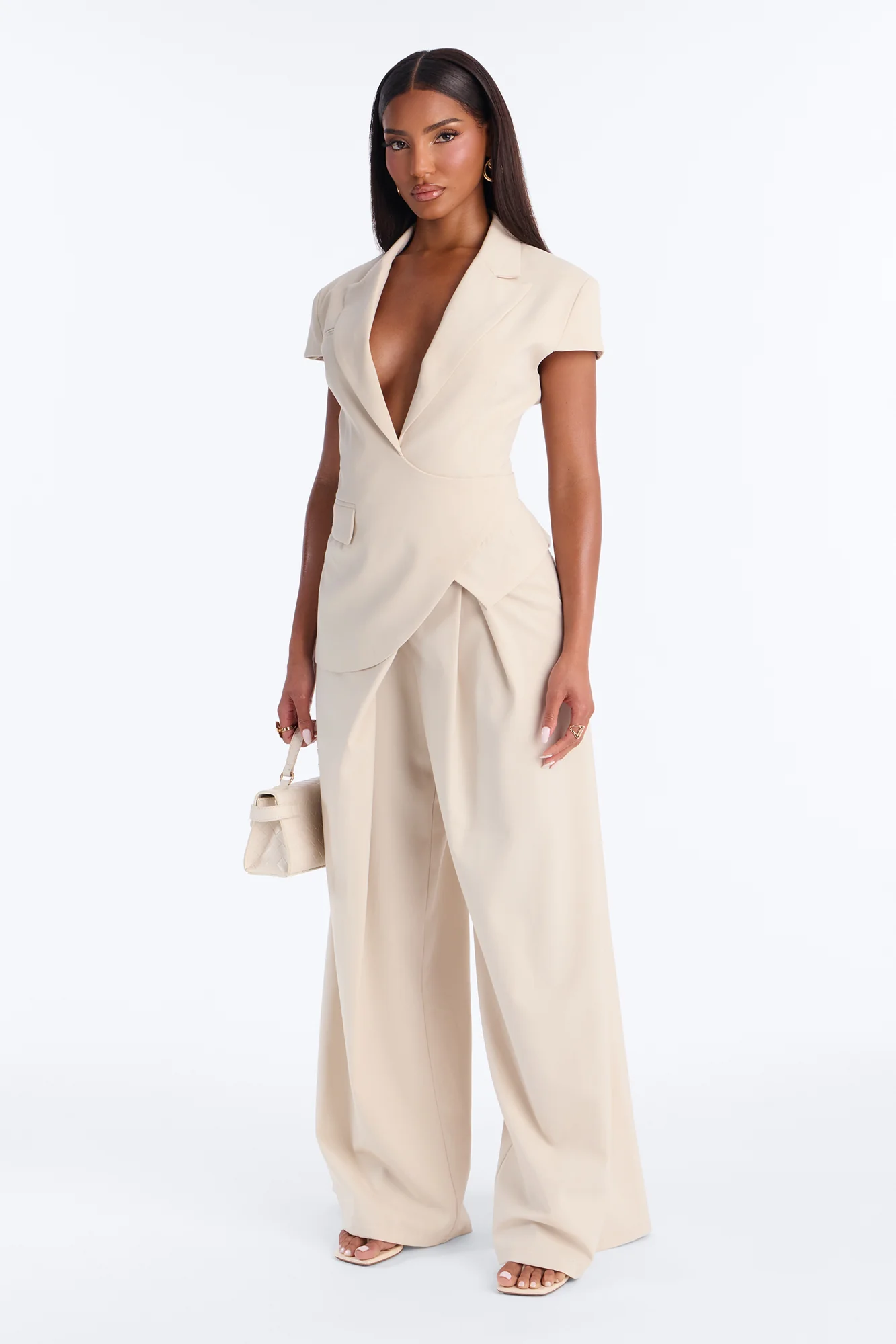 Tiana Pleated Wrap Waist Wide Leg Trouser - Stone