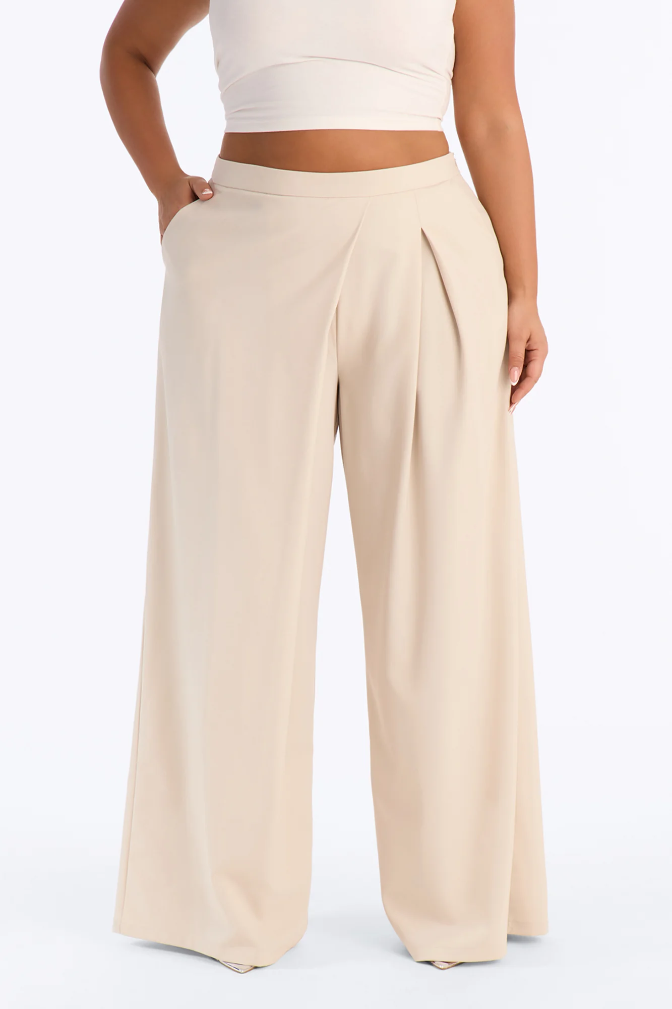 Tiana Pleated Wrap Waist Wide Leg Trouser - Stone - Image 5