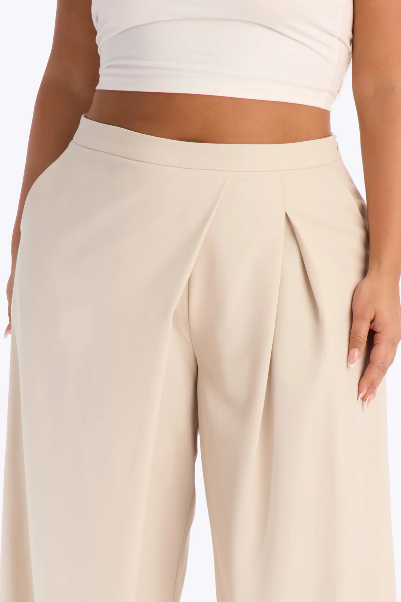 Tiana Pleated Wrap Waist Wide Leg Trouser - Stone - Image 6