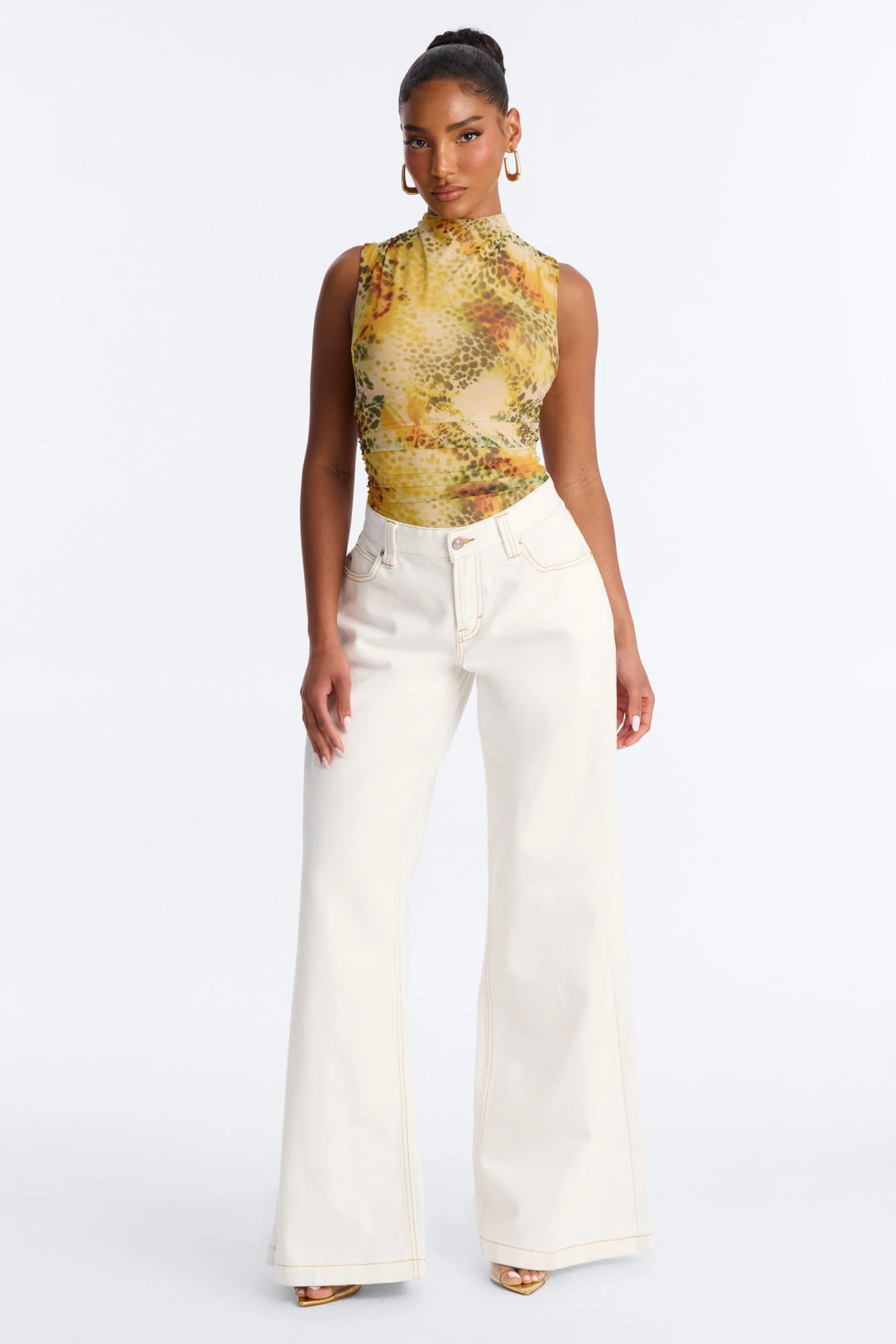 Hunt Me Down Ruched Sleeveless Mesh Bodysuit - Yellow/combo - Image 2