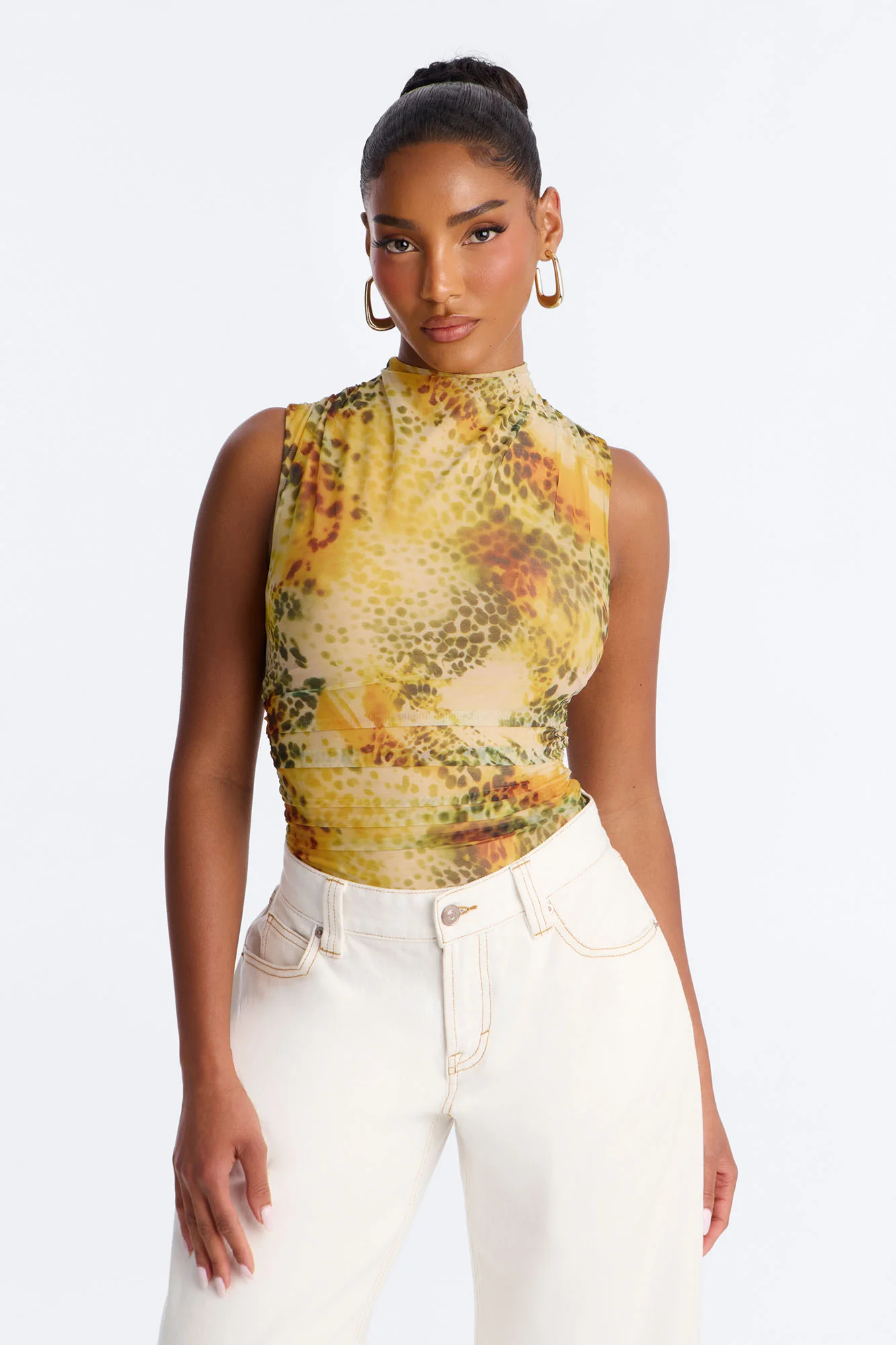 Hunt Me Down Ruched Sleeveless Mesh Bodysuit - Yellow/combo - Image 3