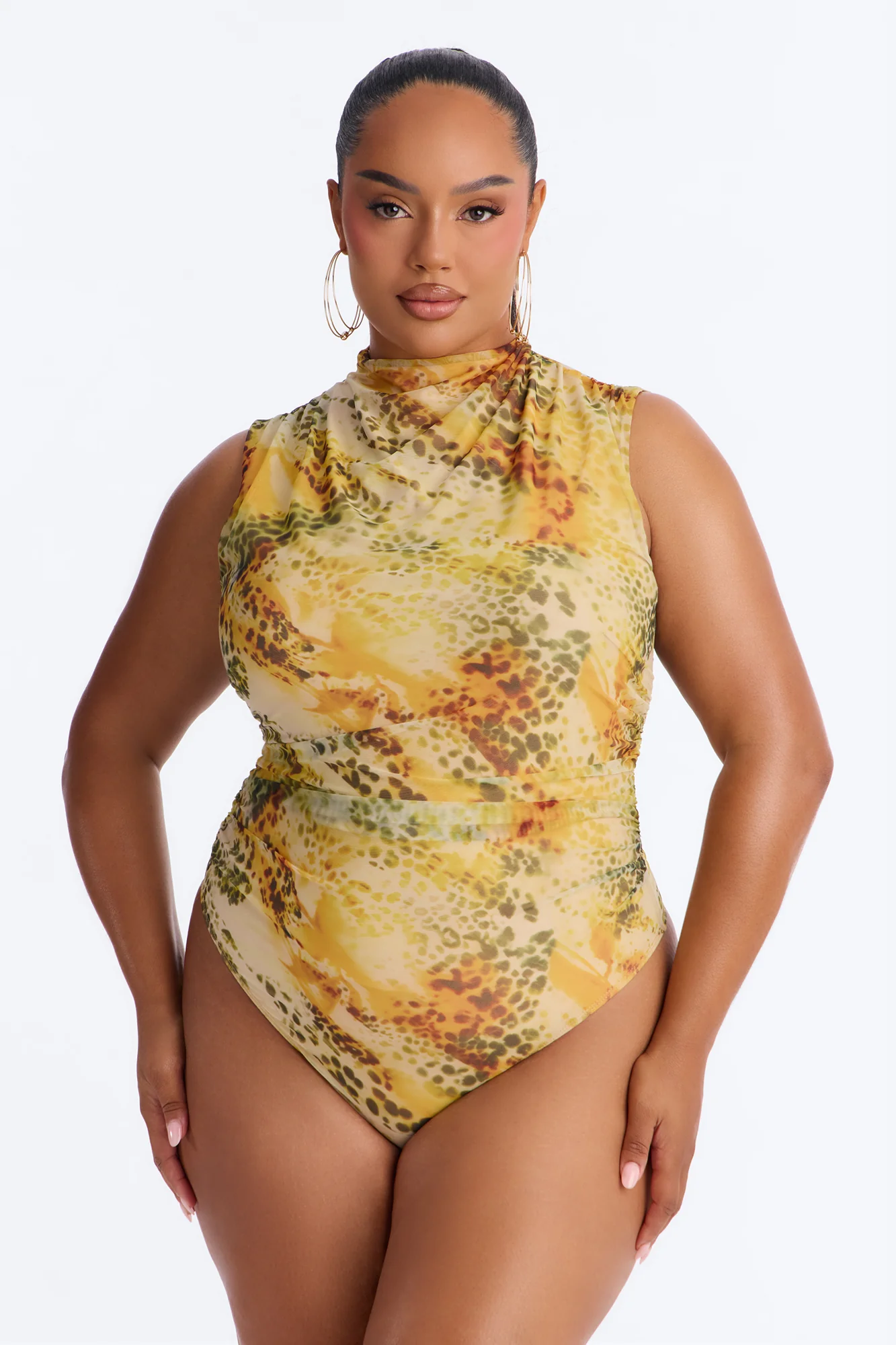 Hunt Me Down Ruched Sleeveless Mesh Bodysuit - Yellow/combo - Image 5