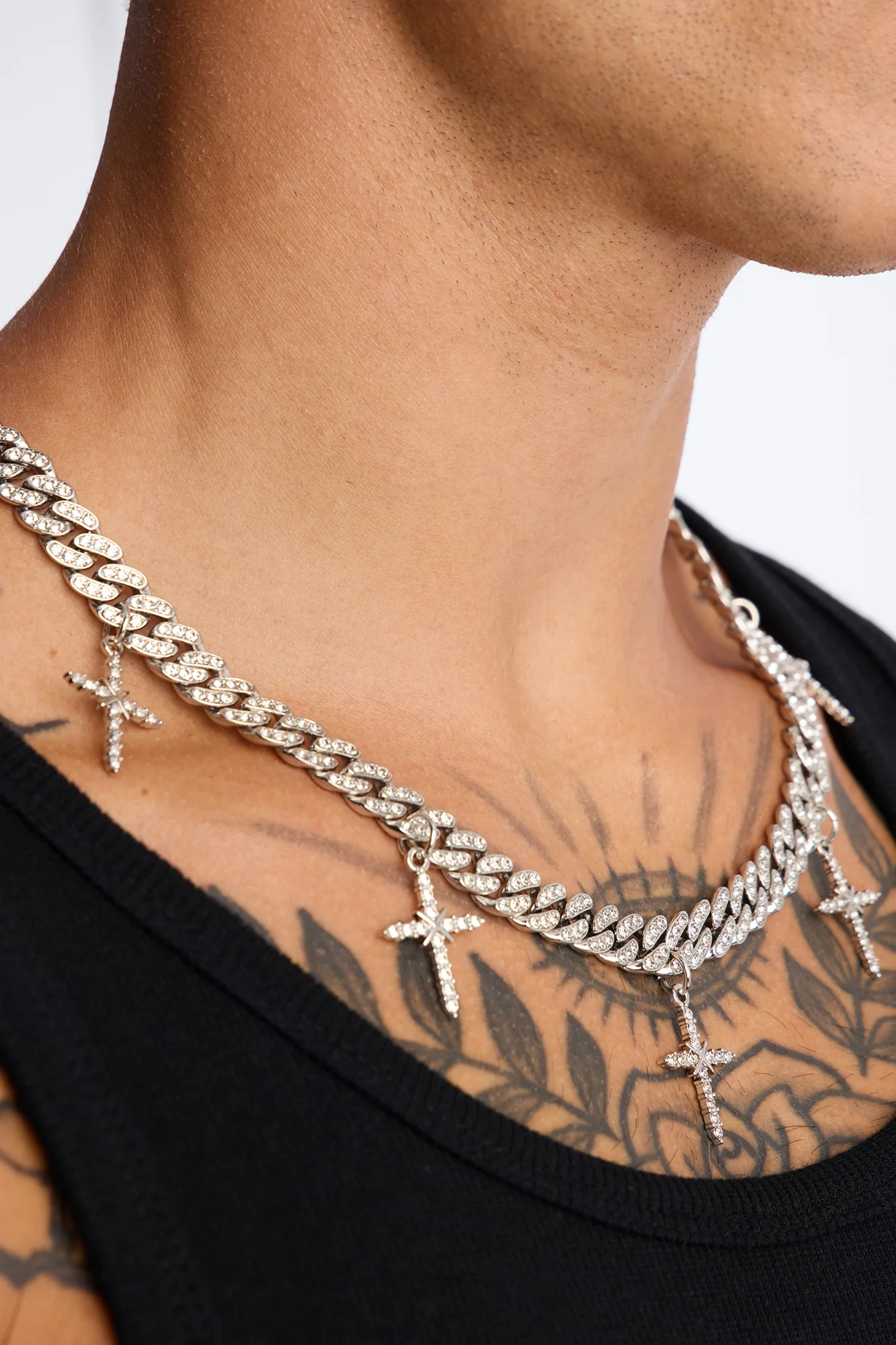 Iced Multi Cross Cuban Chain Necklace - Silver - Image 2