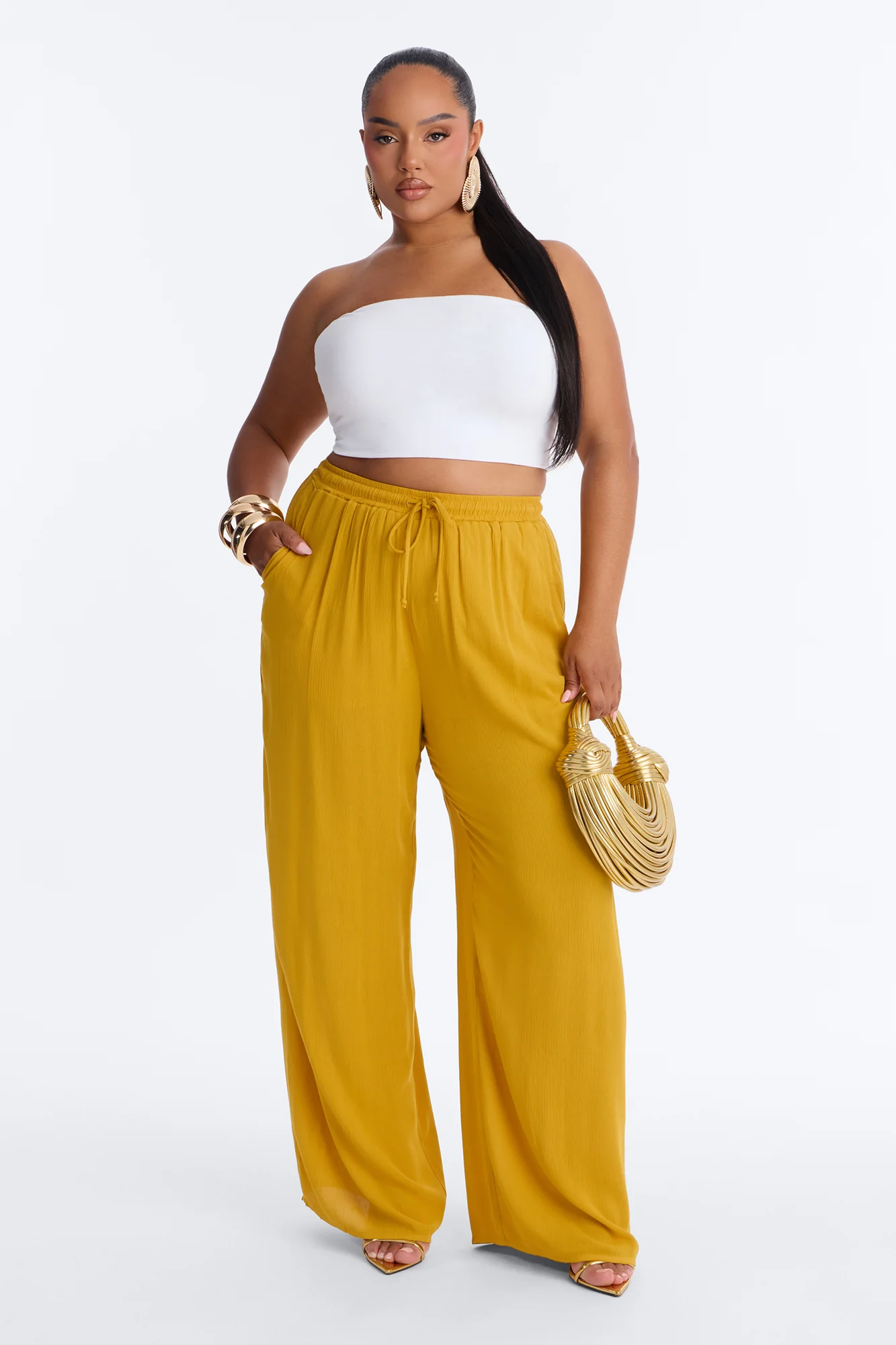 In Cannes For The Summer Wide Leg Gauze Pant - Mustard - Image 4