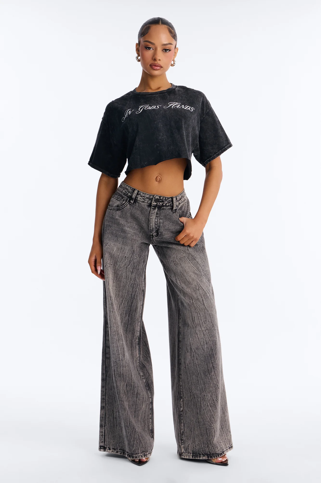 In God's Hands Washed Crop Tee - Black Wash - Image 3
