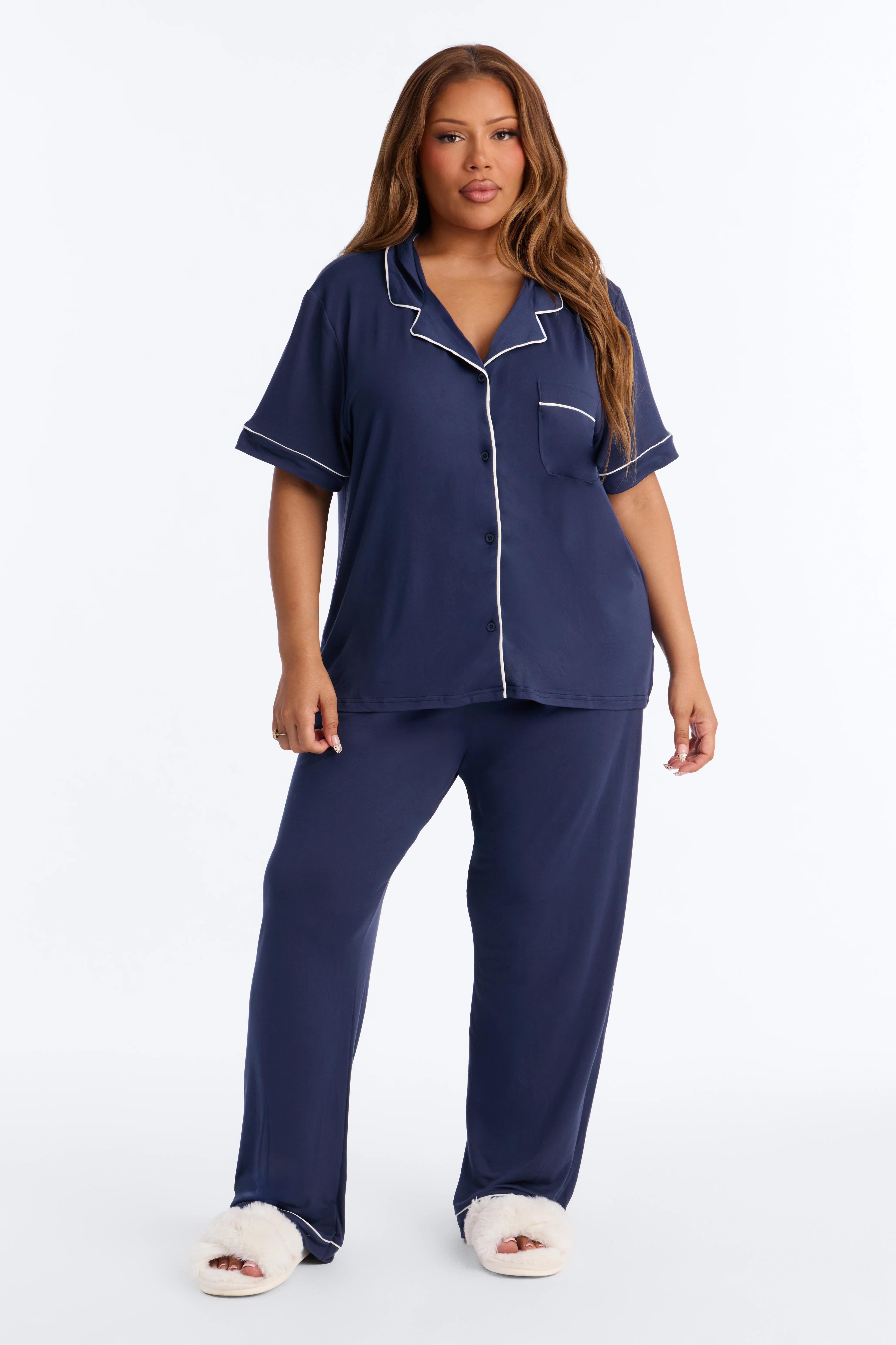 In The Morning PJ Short Sleeve Pant Set - Navy - Image 4