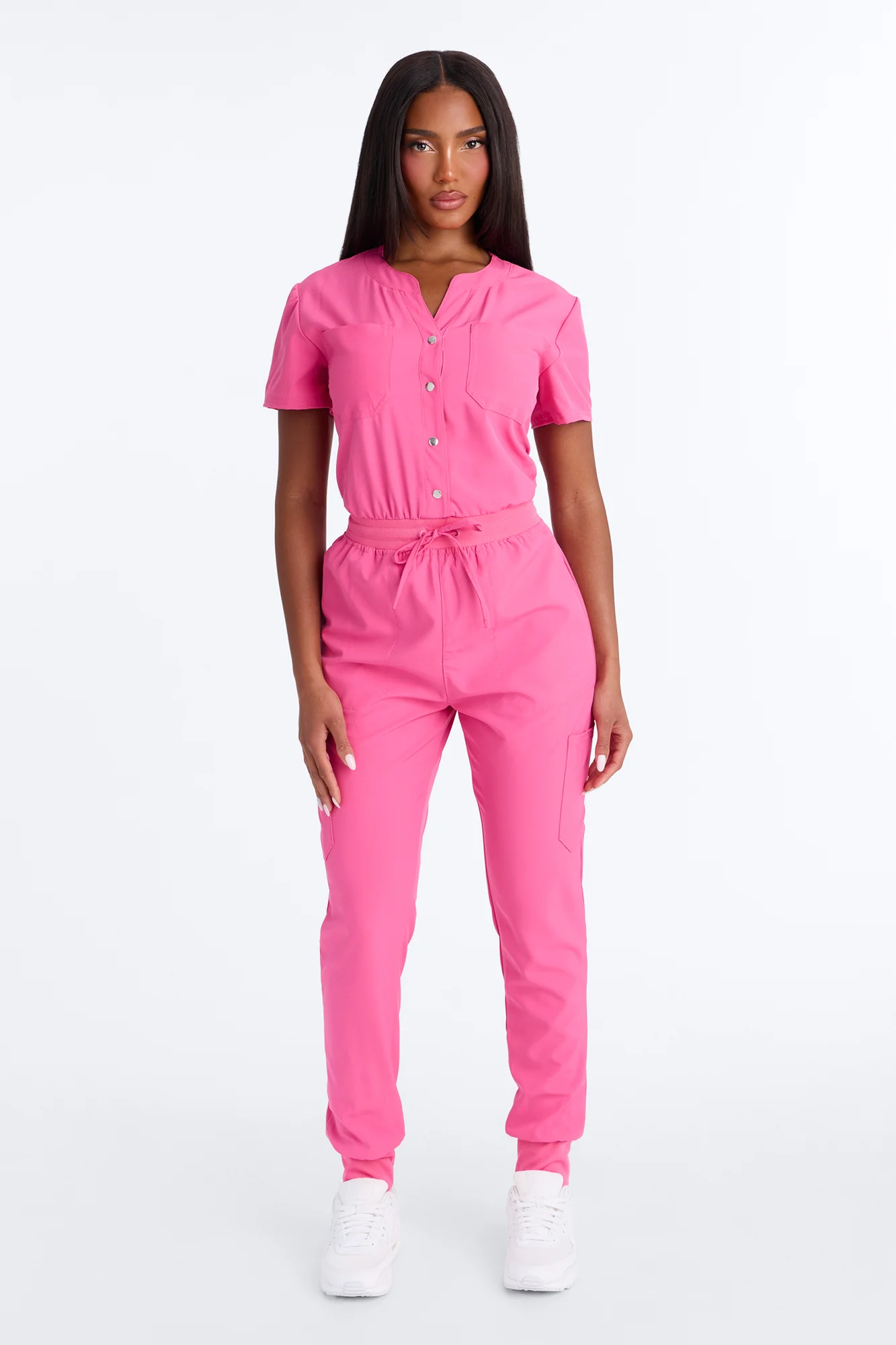 In Unison Uniform Jogger Scrub Jumpsuit With Snaps - Hot Pink