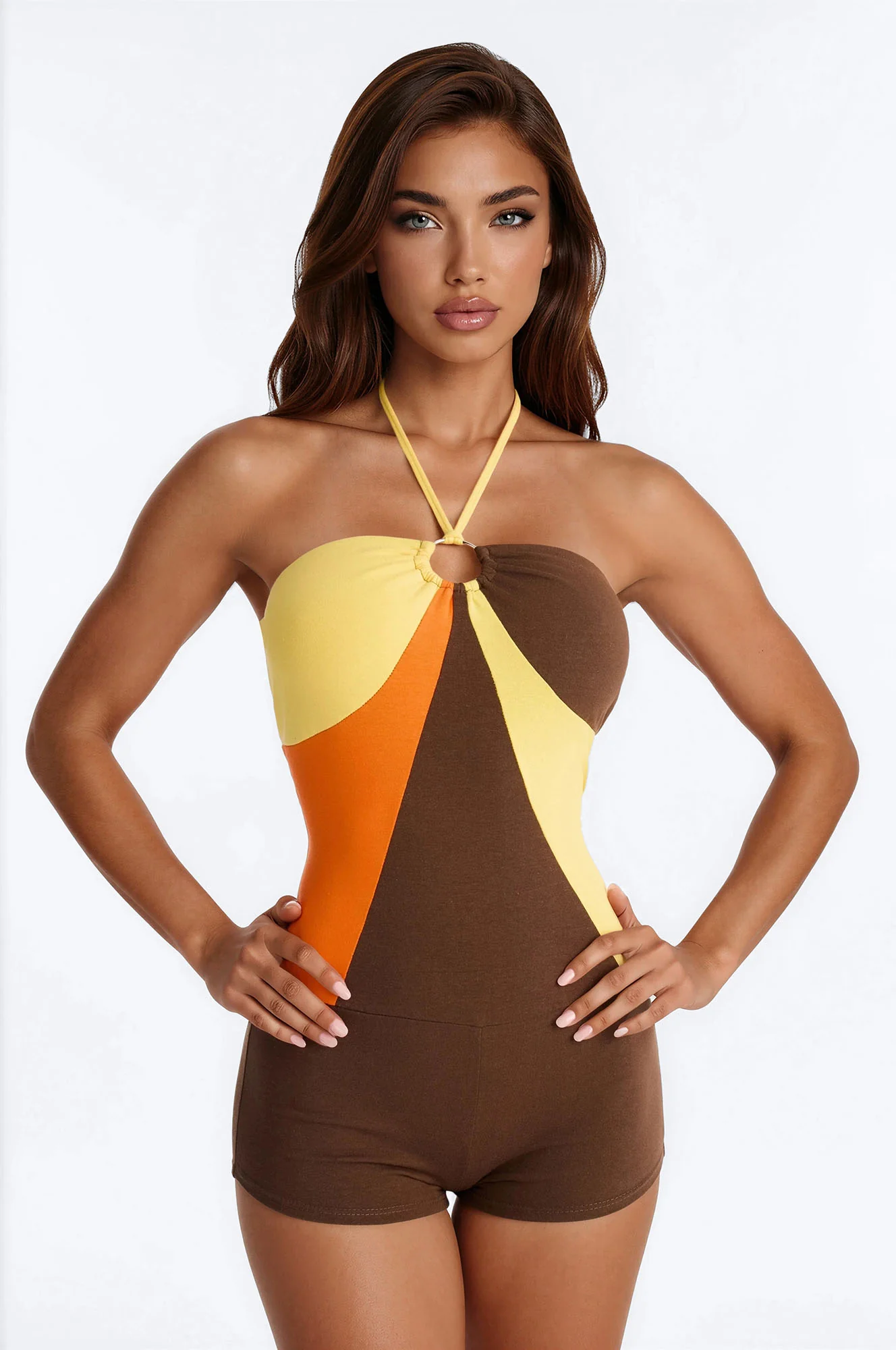 Indiya Halter Contrast Micro Romper - Chocolate/Combo - Image 2