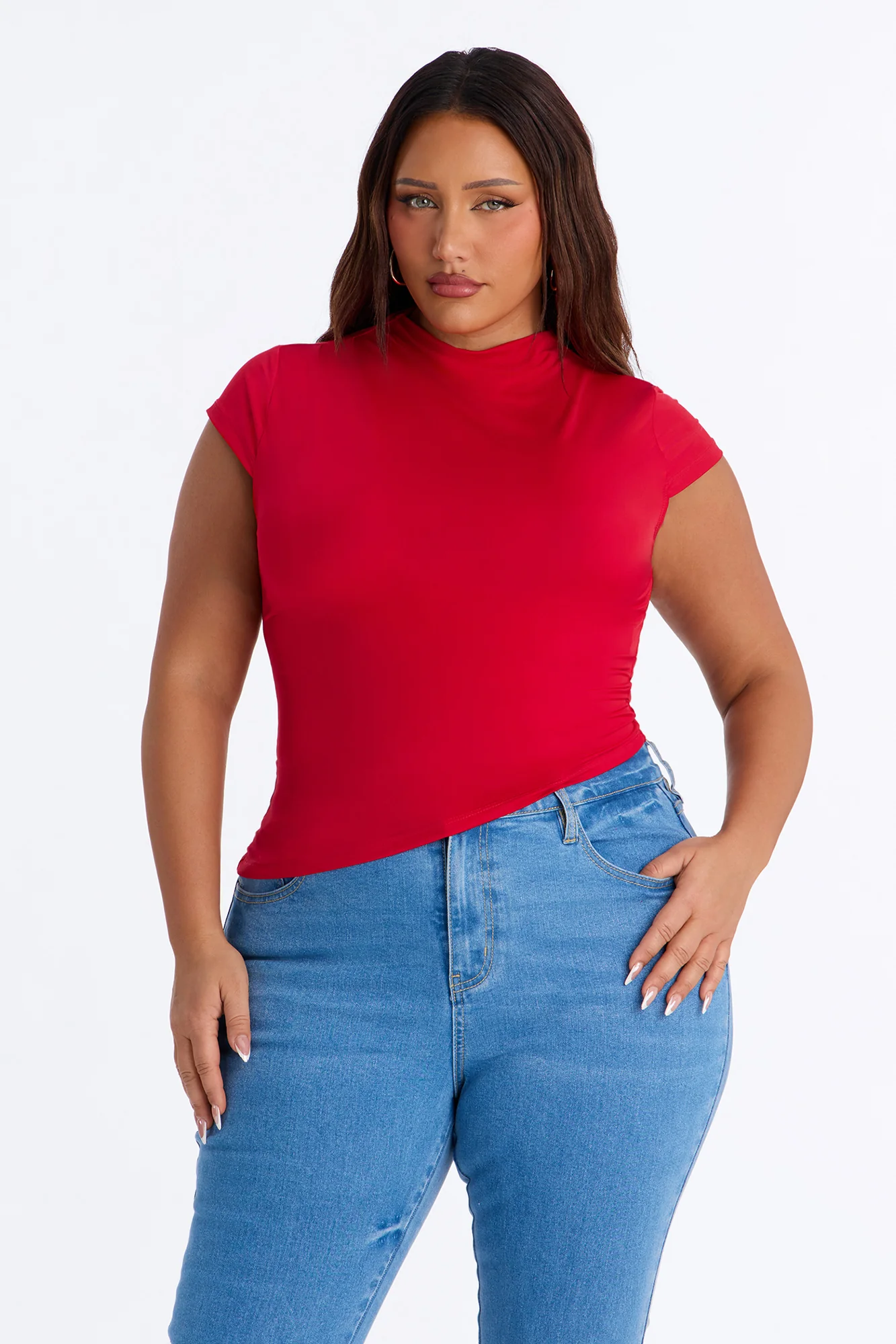 Ines Asymmetrical Ruched High Neck Top - DarkRed - Image 5