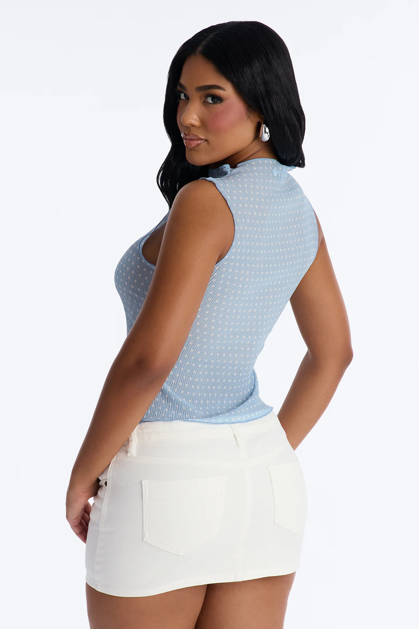 Into Paradise Mock Neck Polka Dot Plisse Top - Light Blue - Image 3