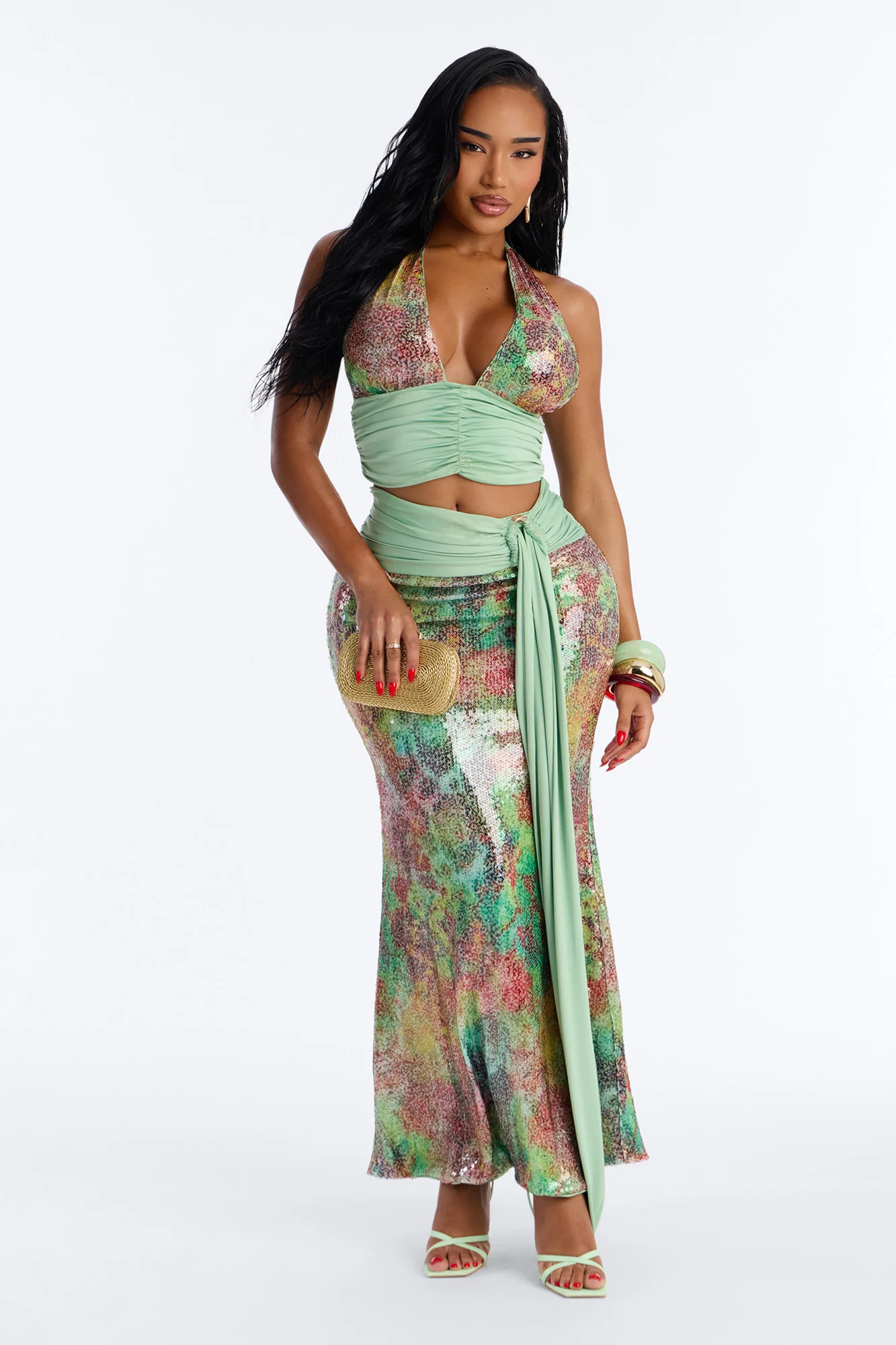 Into The Tropics Halter Sequin Skirt Set - Multi Color