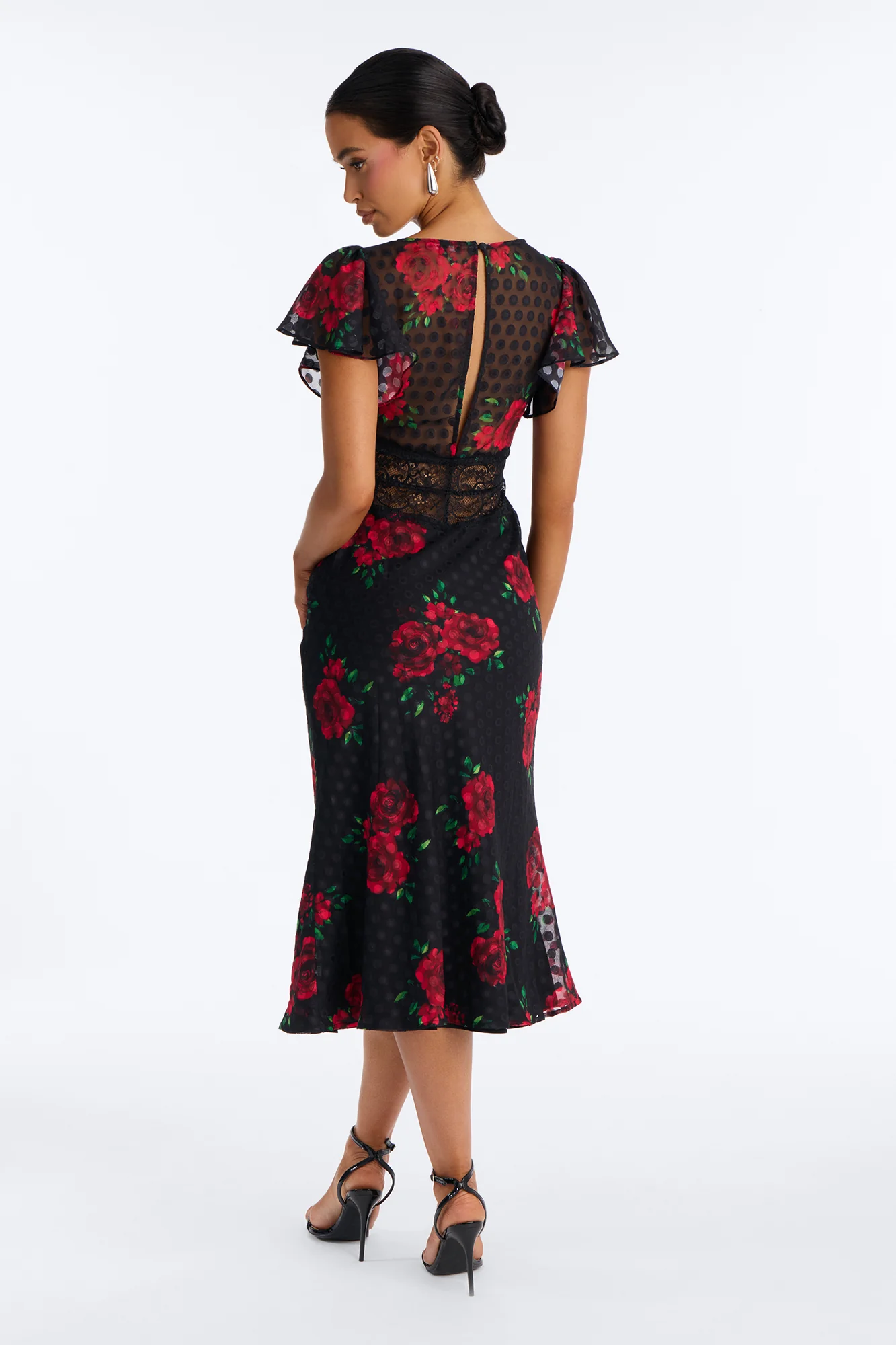 Isabella Floral Polka Dot Chiffon Midi Dress - Black/Red - Image 4