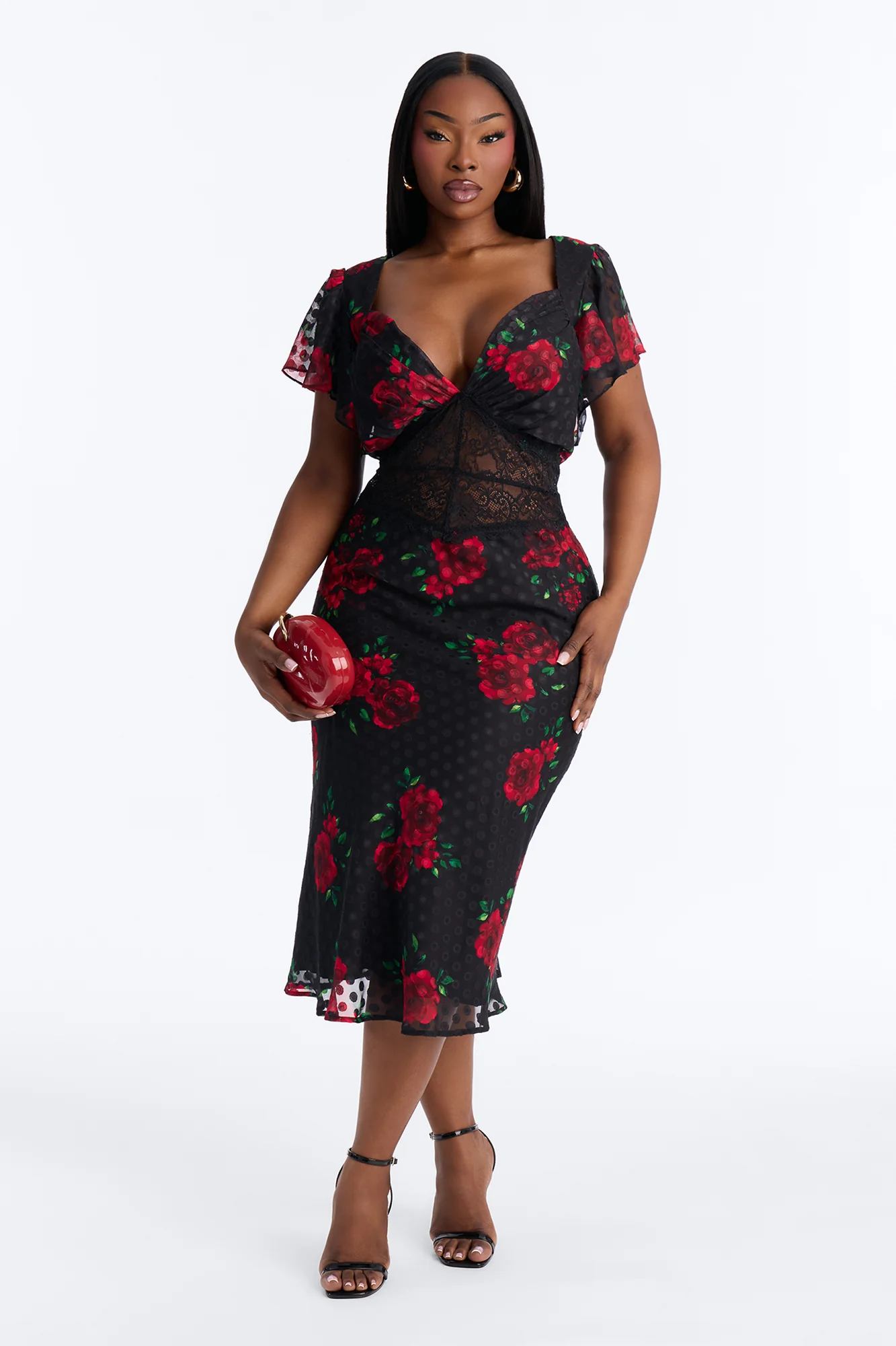 Isabella Floral Polka Dot Chiffon Midi Dress - Black/Red - Image 5