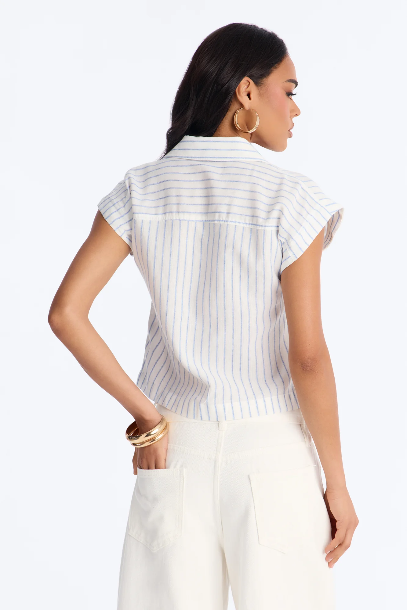 Isabelle Pinstripe Short Sleeve Button Up Shirt - Blue - Image 4