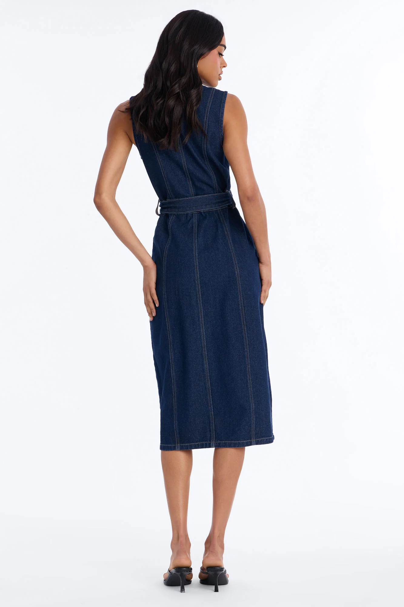 Isla Belted Denim Midi Dress - Dark Wash - Image 4