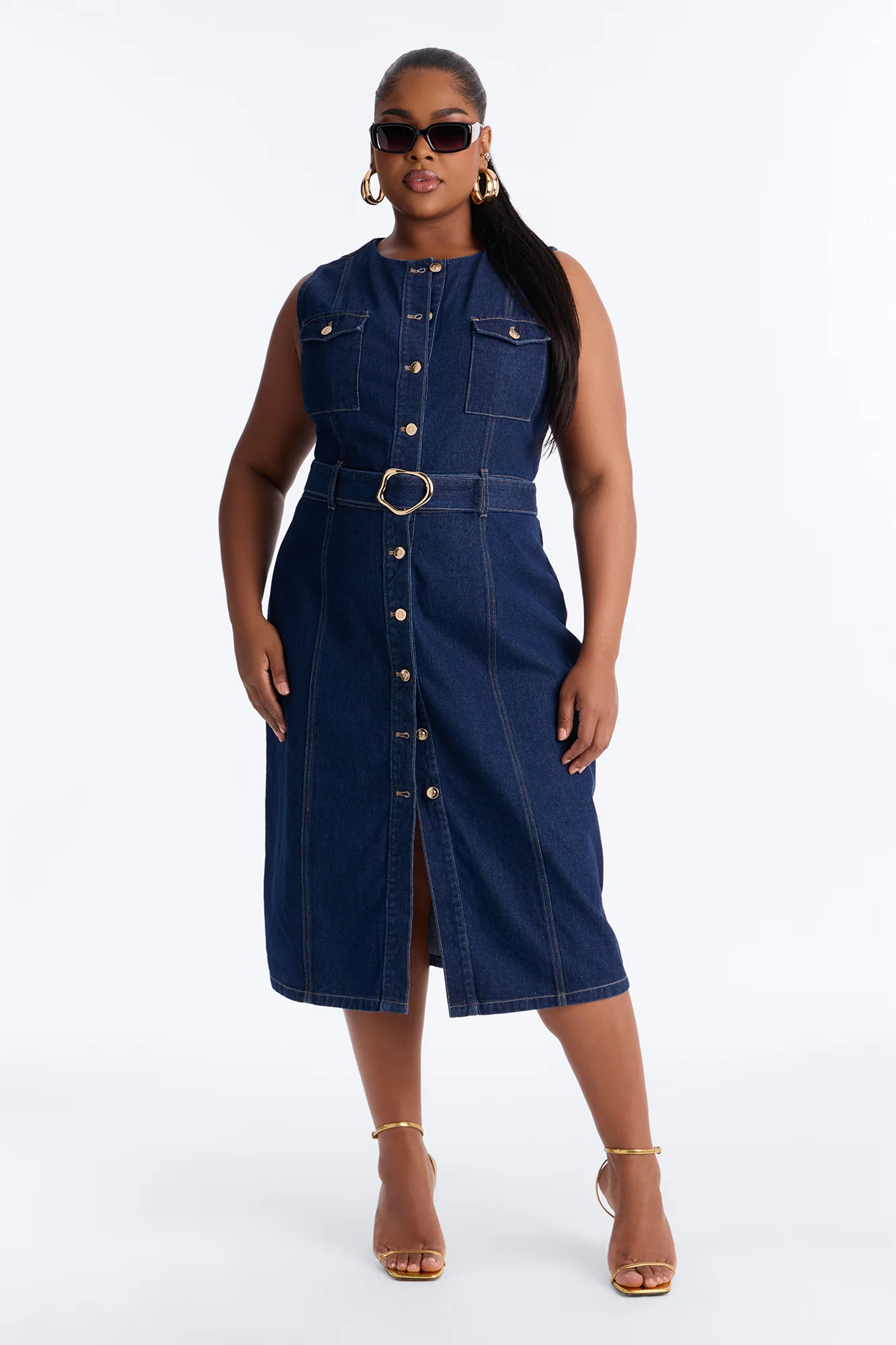 Isla Belted Denim Midi Dress - Dark Wash - Image 5