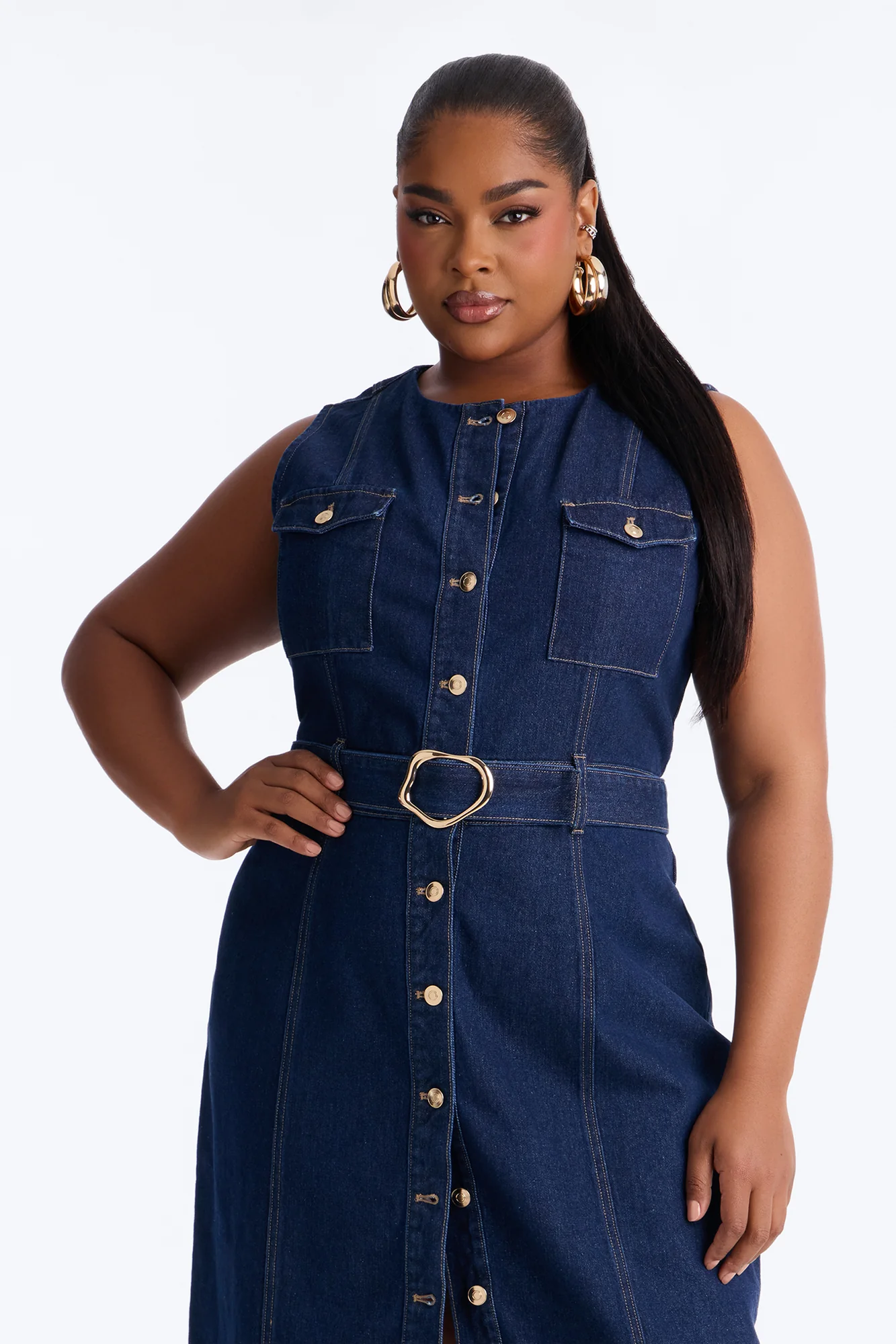 Isla Belted Denim Midi Dress - Dark Wash - Image 6
