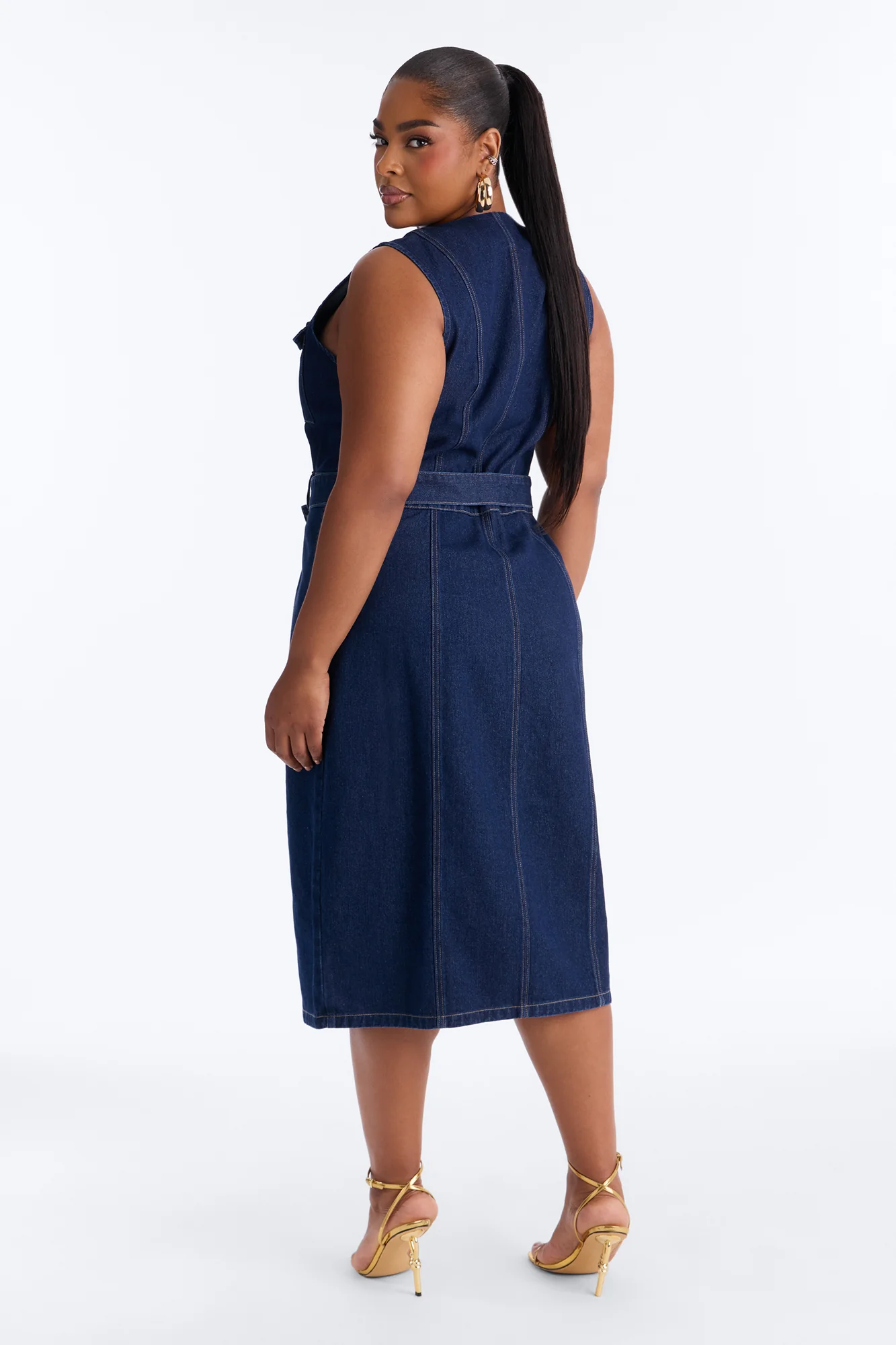 Isla Belted Denim Midi Dress - Dark Wash - Image 8