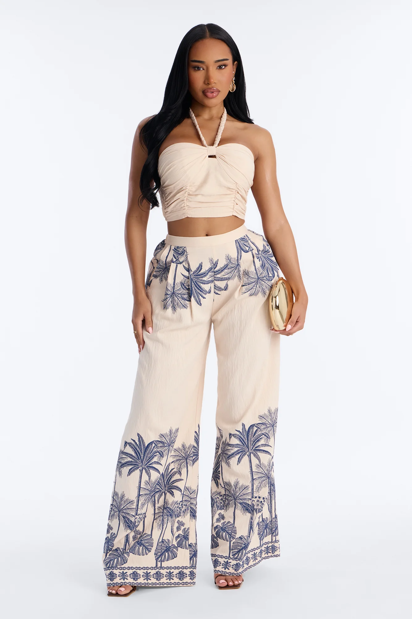Island Babe Linen Halter Pant Set - Taupe/combo
