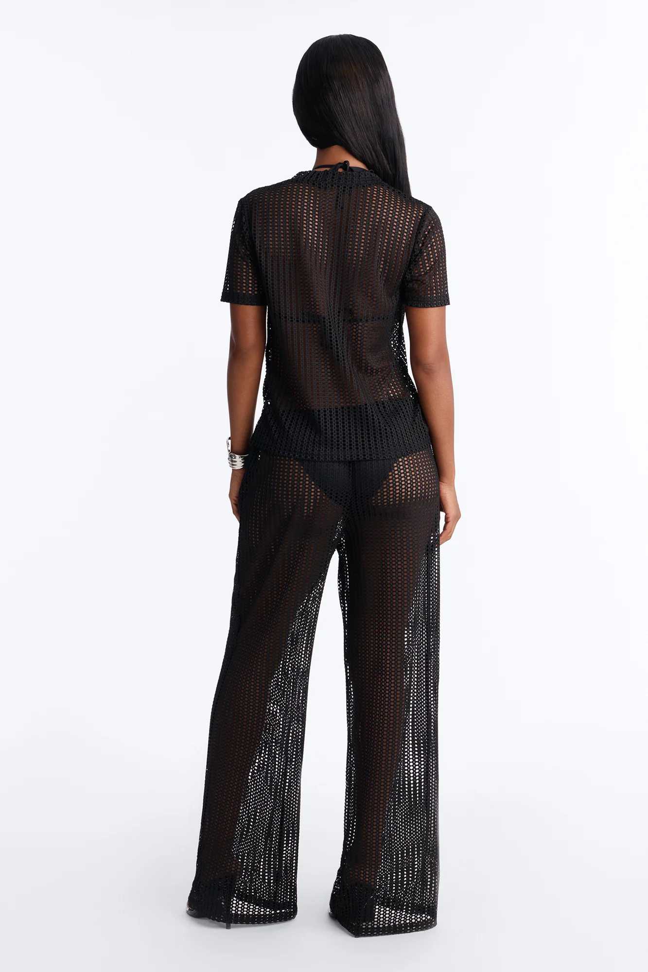 Island Breeze Crochet Fishnet Cover Up Pants Set - Black - Image 4