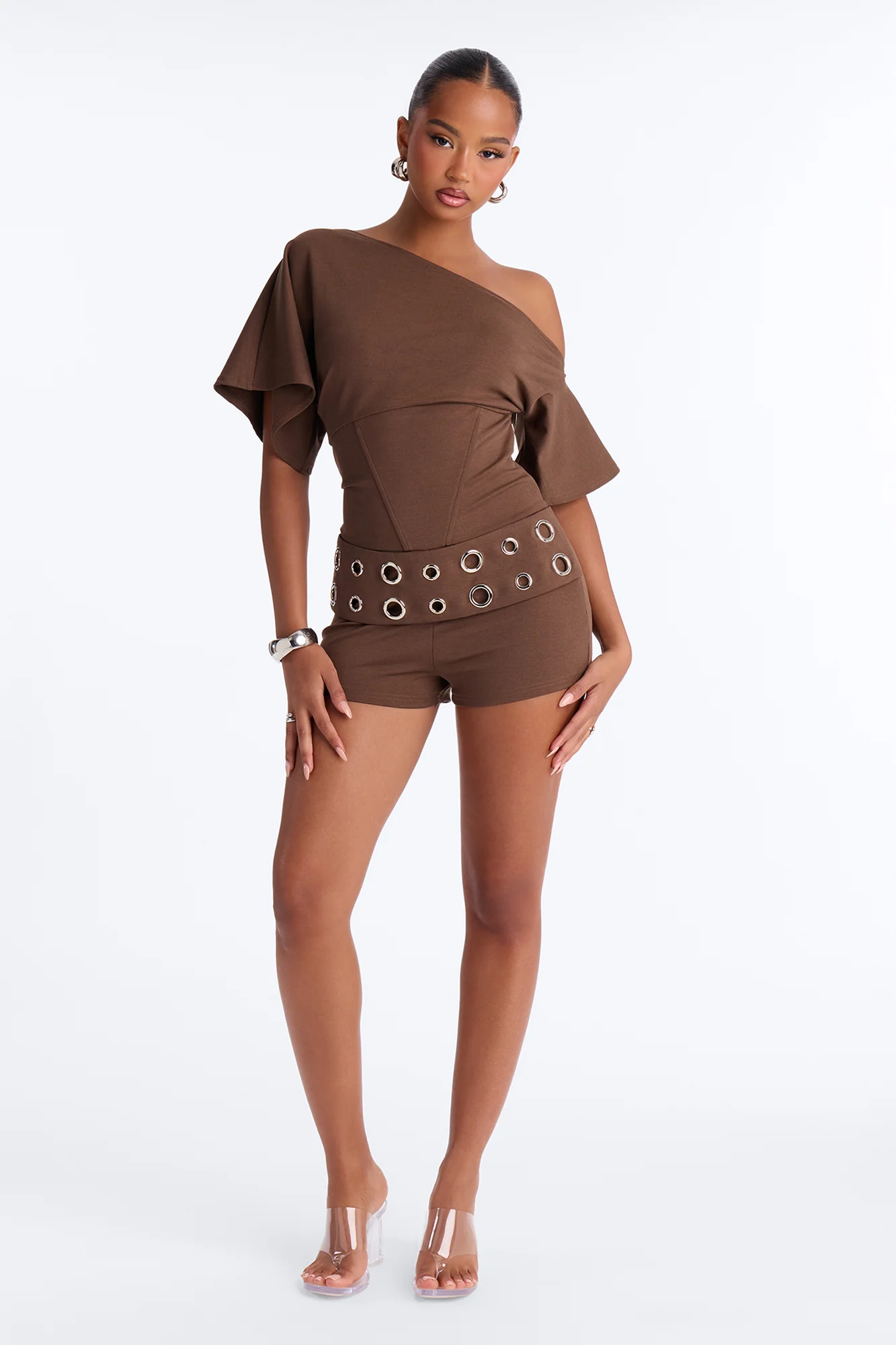 It Girl Coded One Shoulder Belted Romper - Chocolate - Image 2