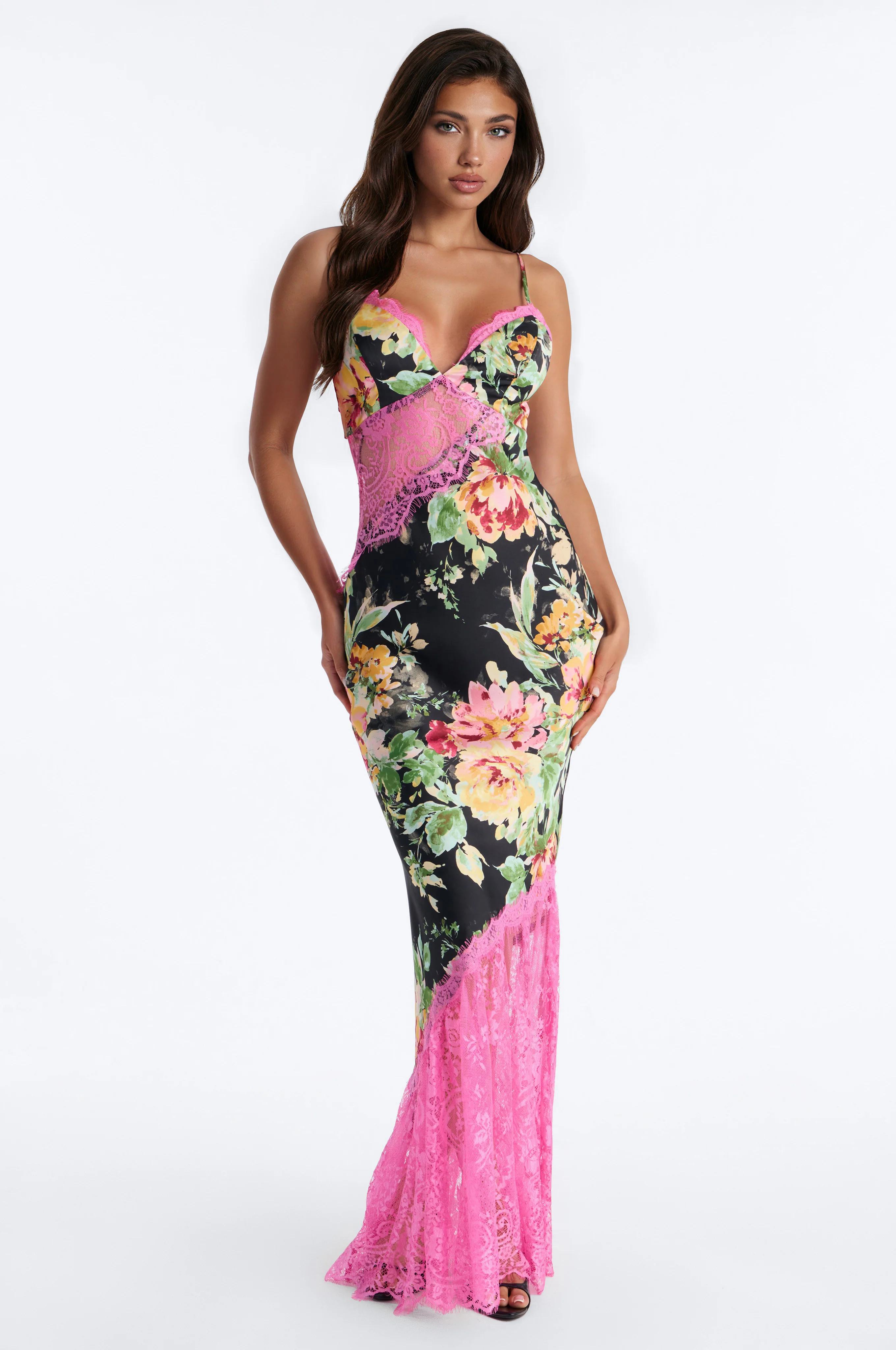 Italia Glow Satin Lace Maxi Dress - Black/combo