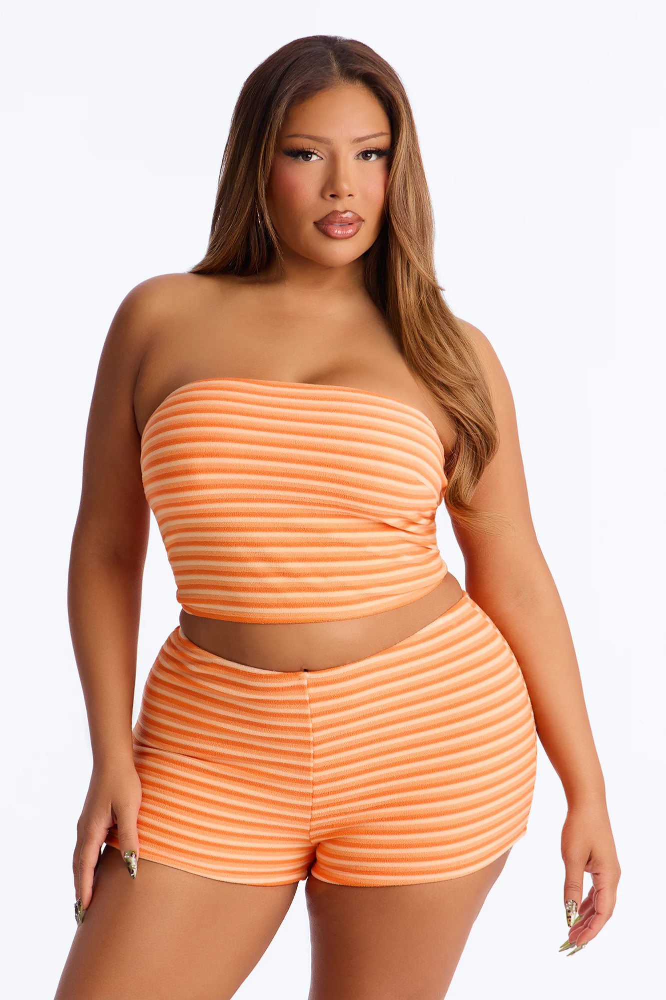 Ivana Striped 2 Piece Bandeau Bikini & Boy Short Set - Orange/combo - Image 4