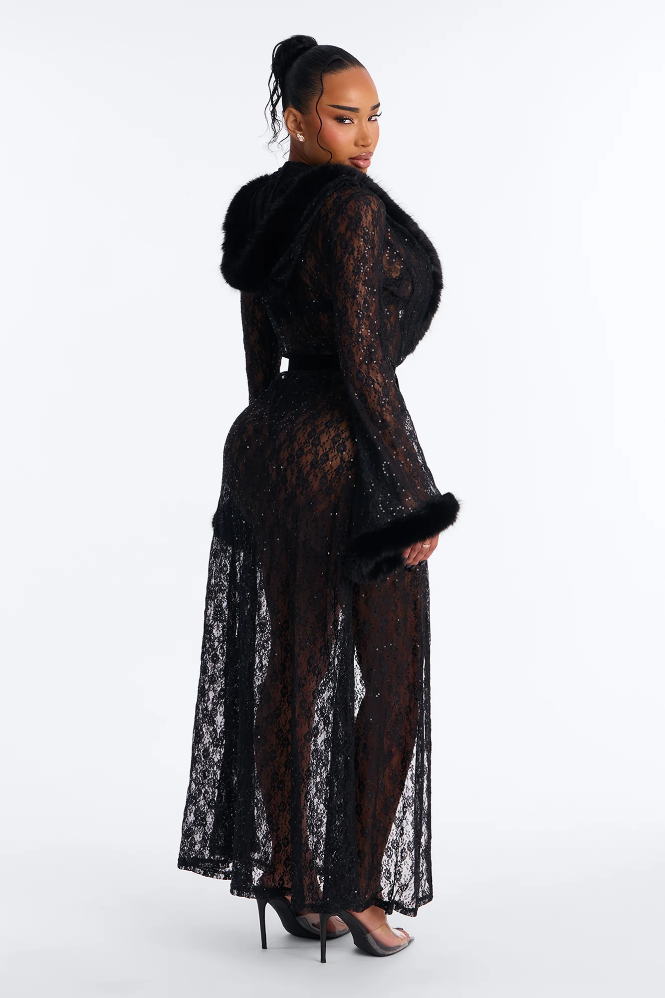 Ivy Hooded Embellished Stretch Lace Robe - Black - Image 4