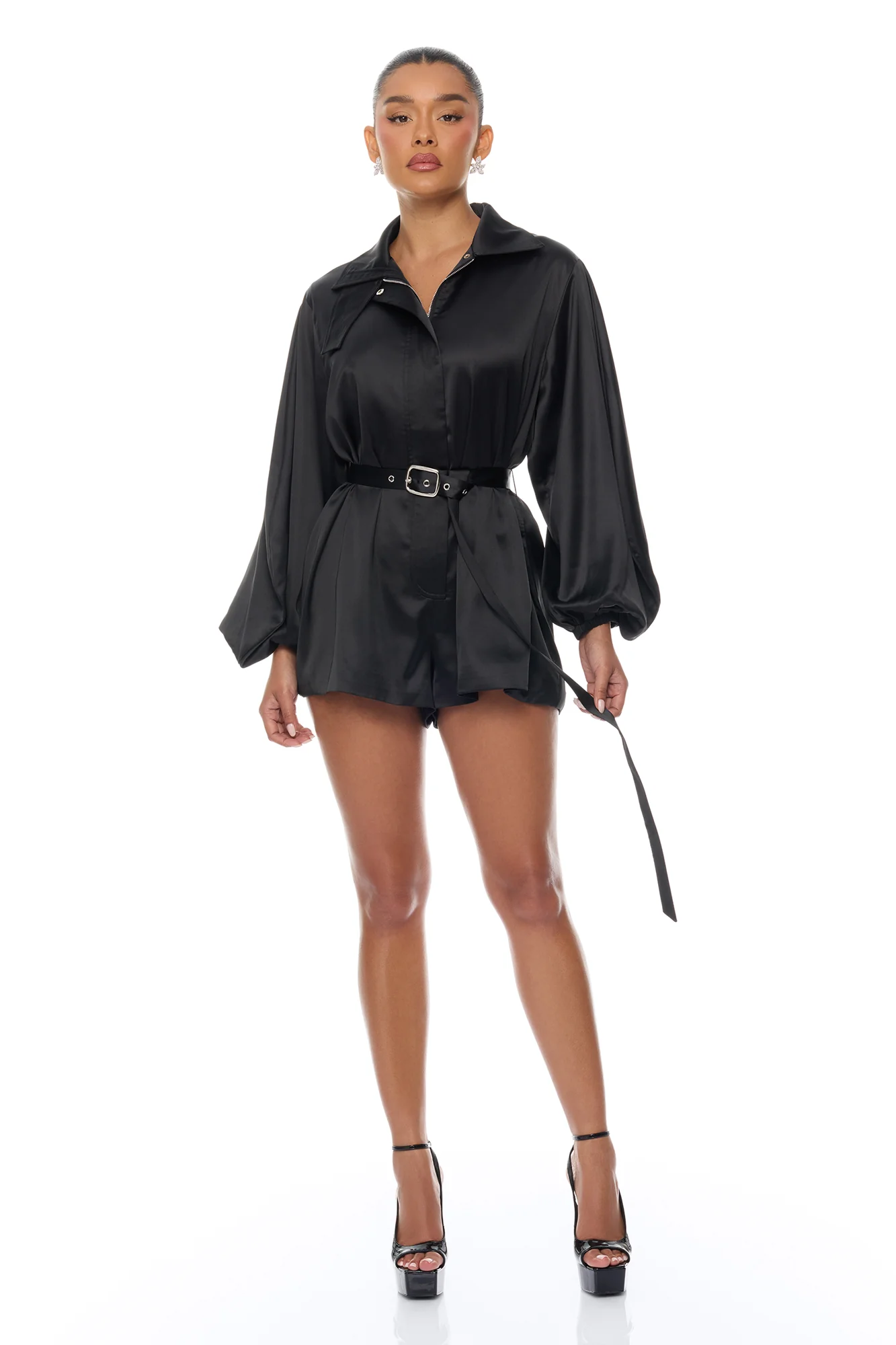 Izabel Balloon Sleeve Satin Romper - Black