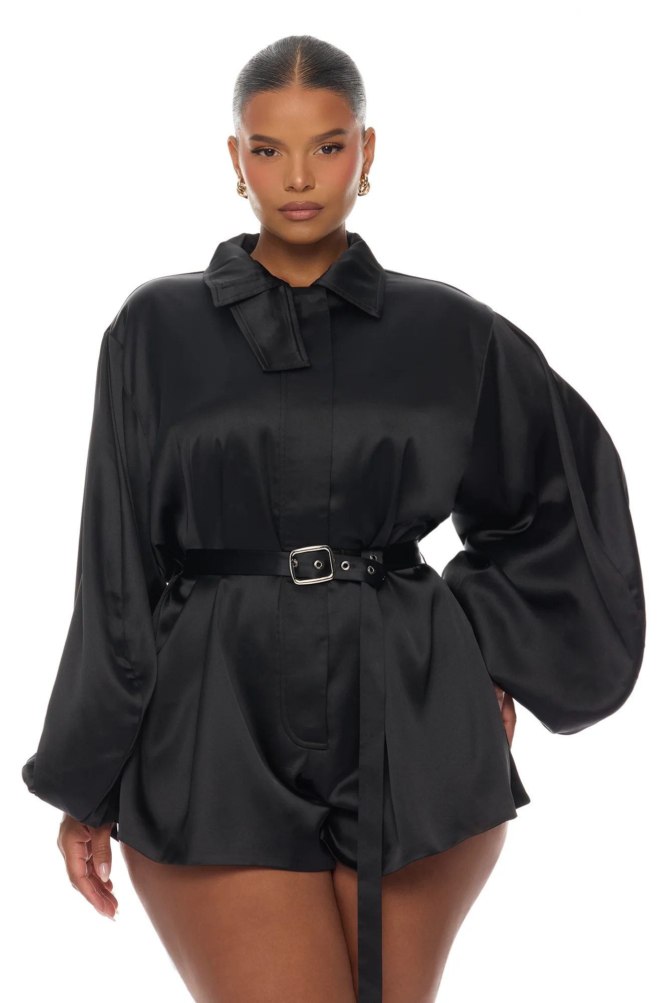 Izabel Balloon Sleeve Satin Romper - Black - Image 6