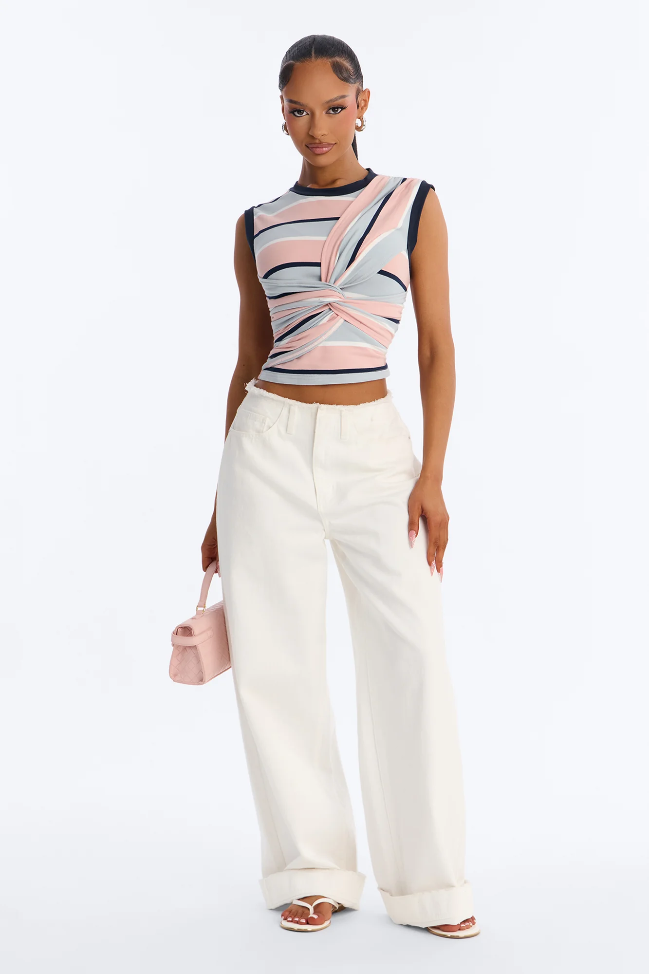 Jackie Striped Sleeveless Twist T-Shirt - Rose/Combo - Image 2